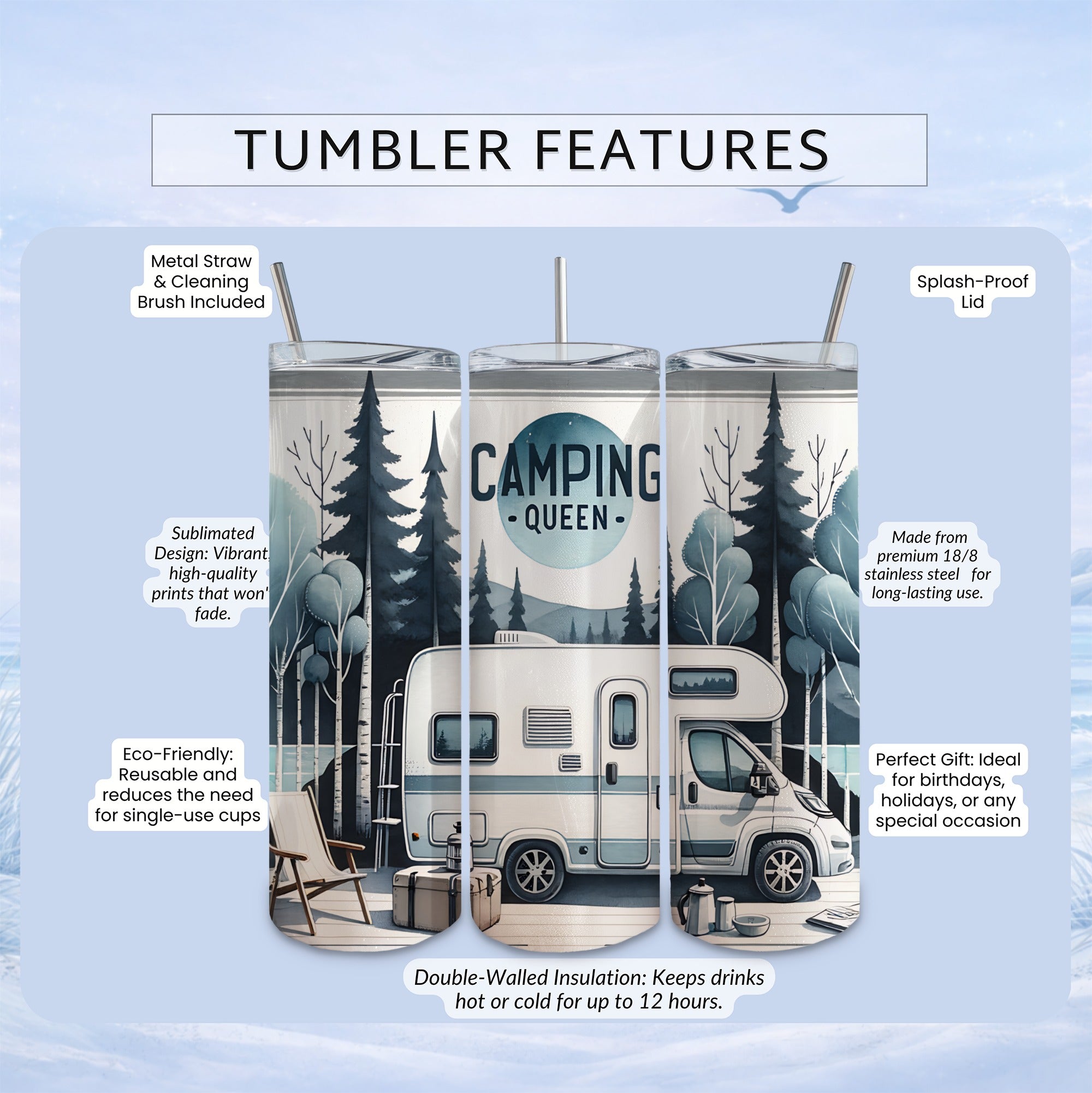 Tumbler with RV, trees, and text listing its features.
