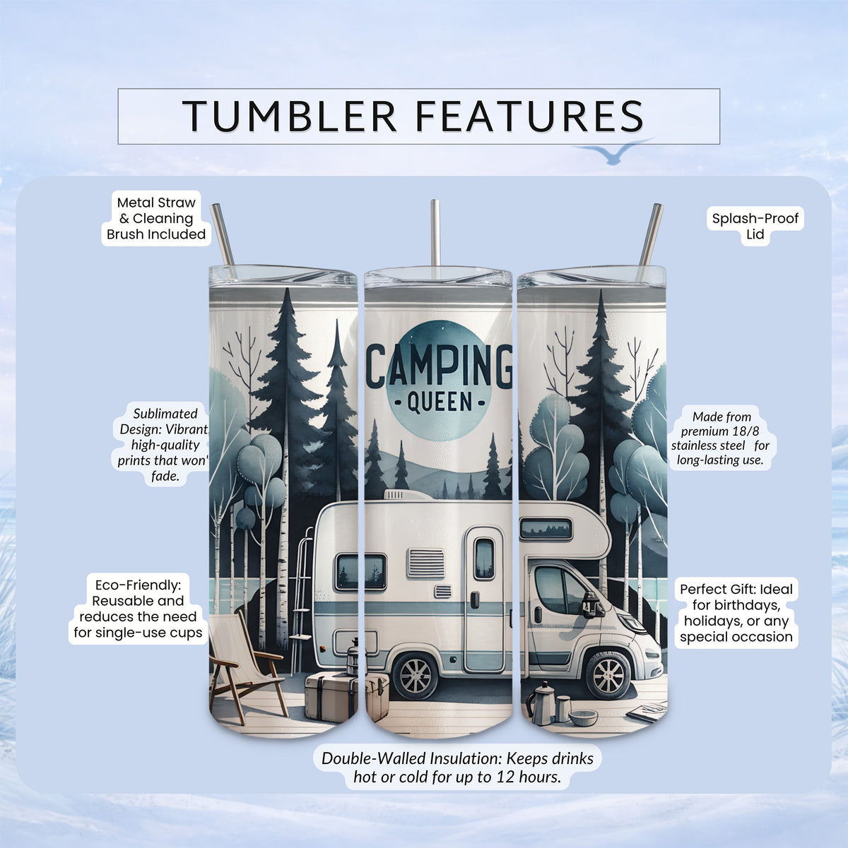 Tumbler with RV, trees, and text listing its features.