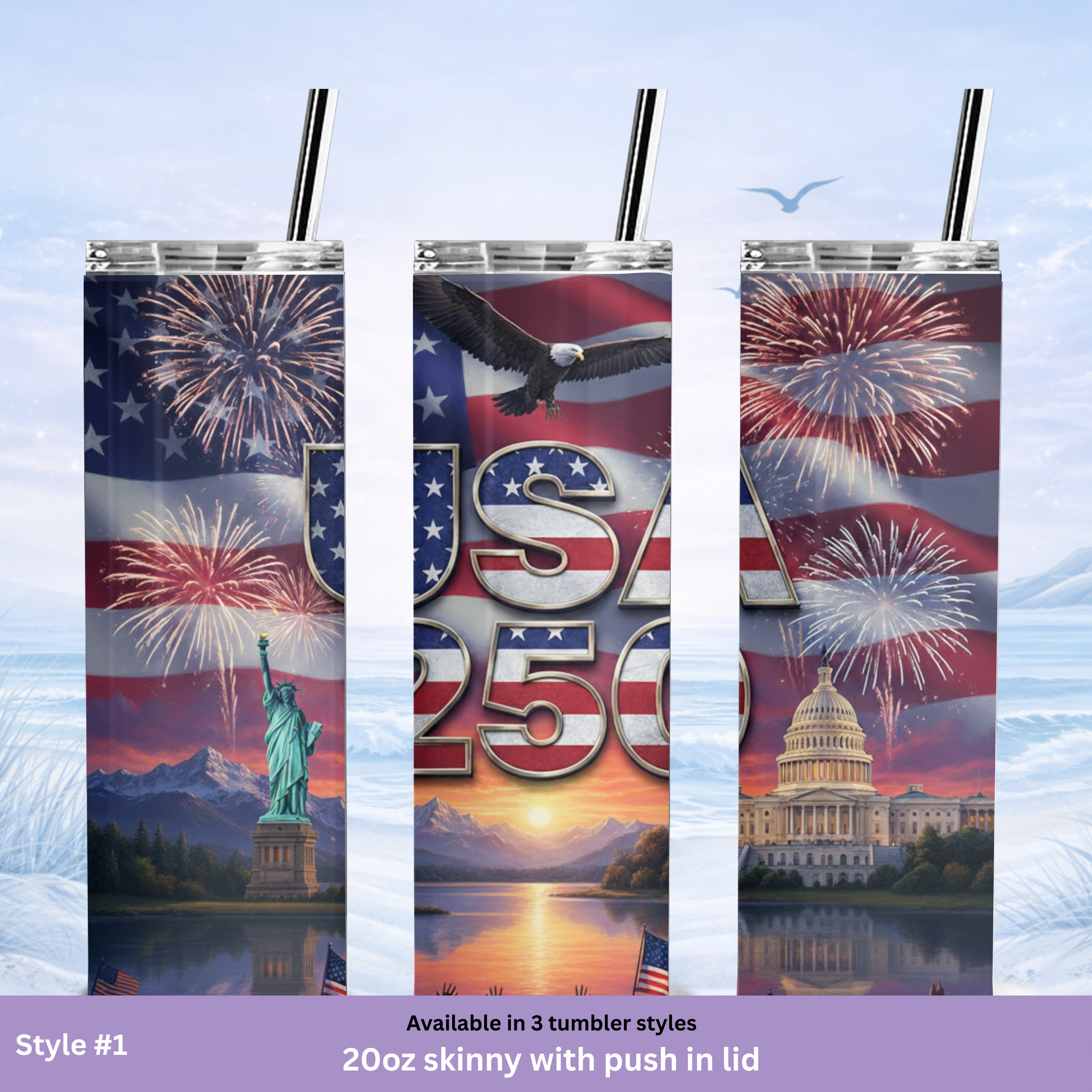 America 250 tumbler 20 oz skinny with push lid patriotic USA cup red white and blue design