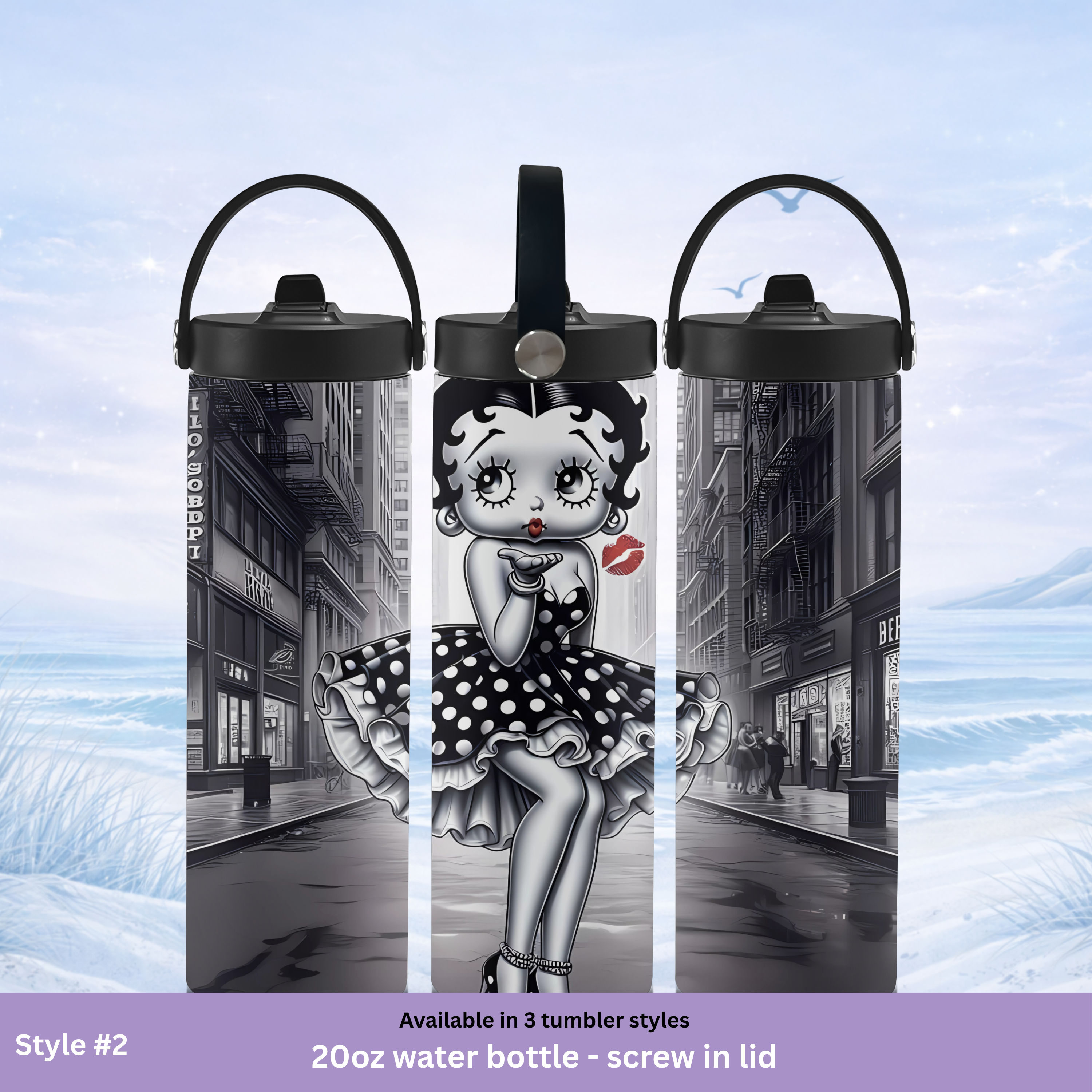 20oz water bottle with screw-in lid featuring a stylized Betty Boop