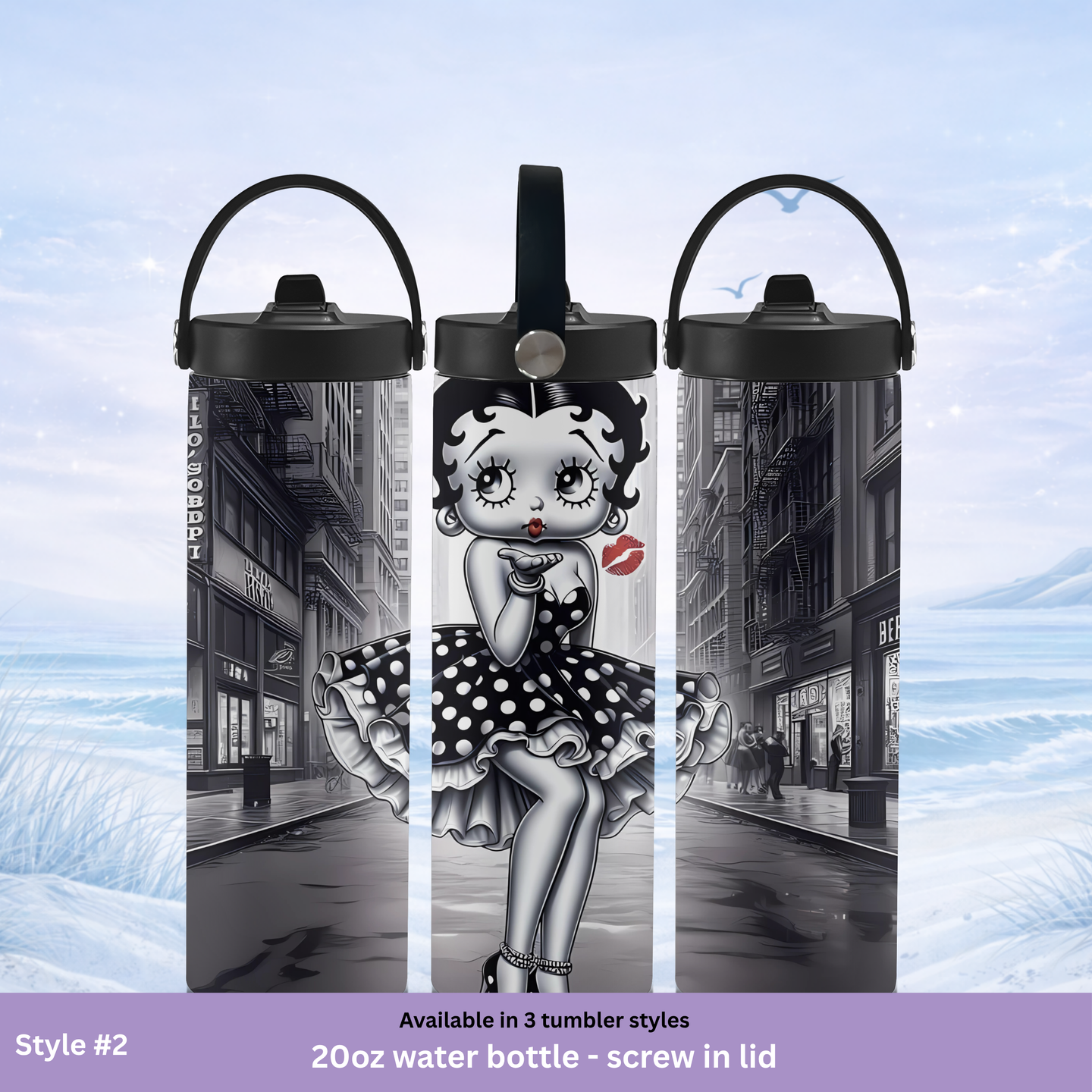 20oz water bottle with screw-in lid featuring a stylized Betty Boop