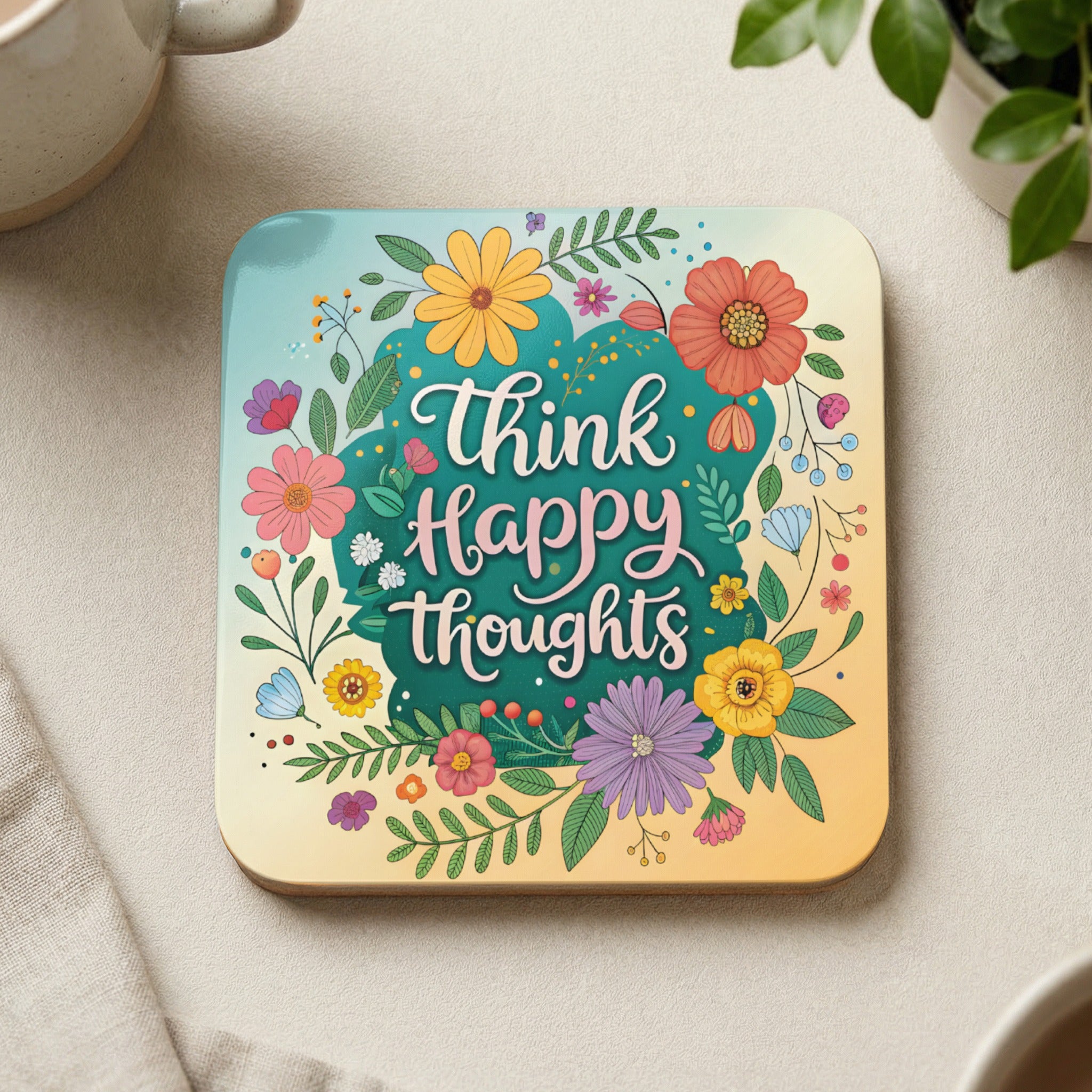 Coaster with "Think happy thoughts" text and colorful floral illustrations.