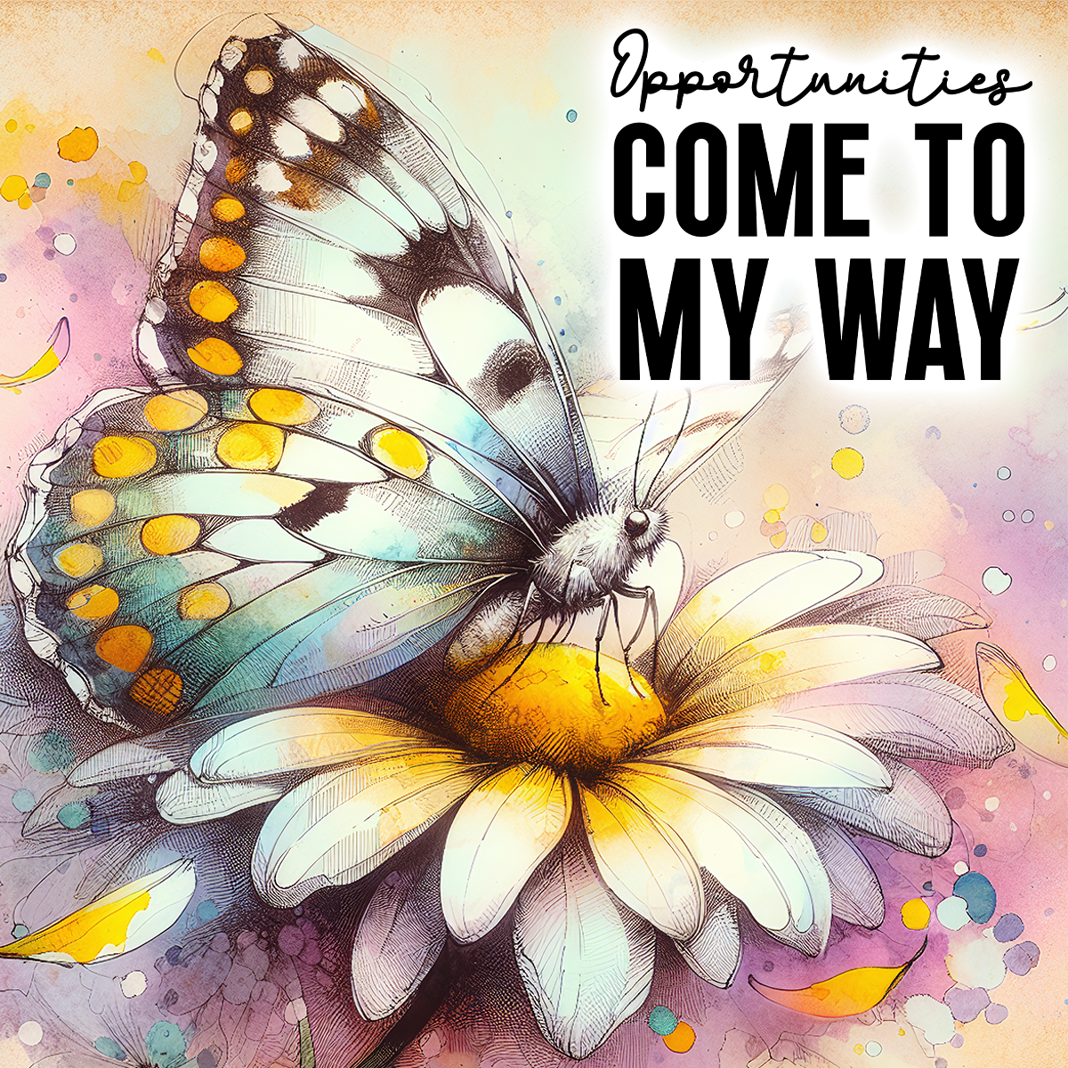 Butterfly with colorful wings rests on a daisy with text "Opportunities Come to My Way".