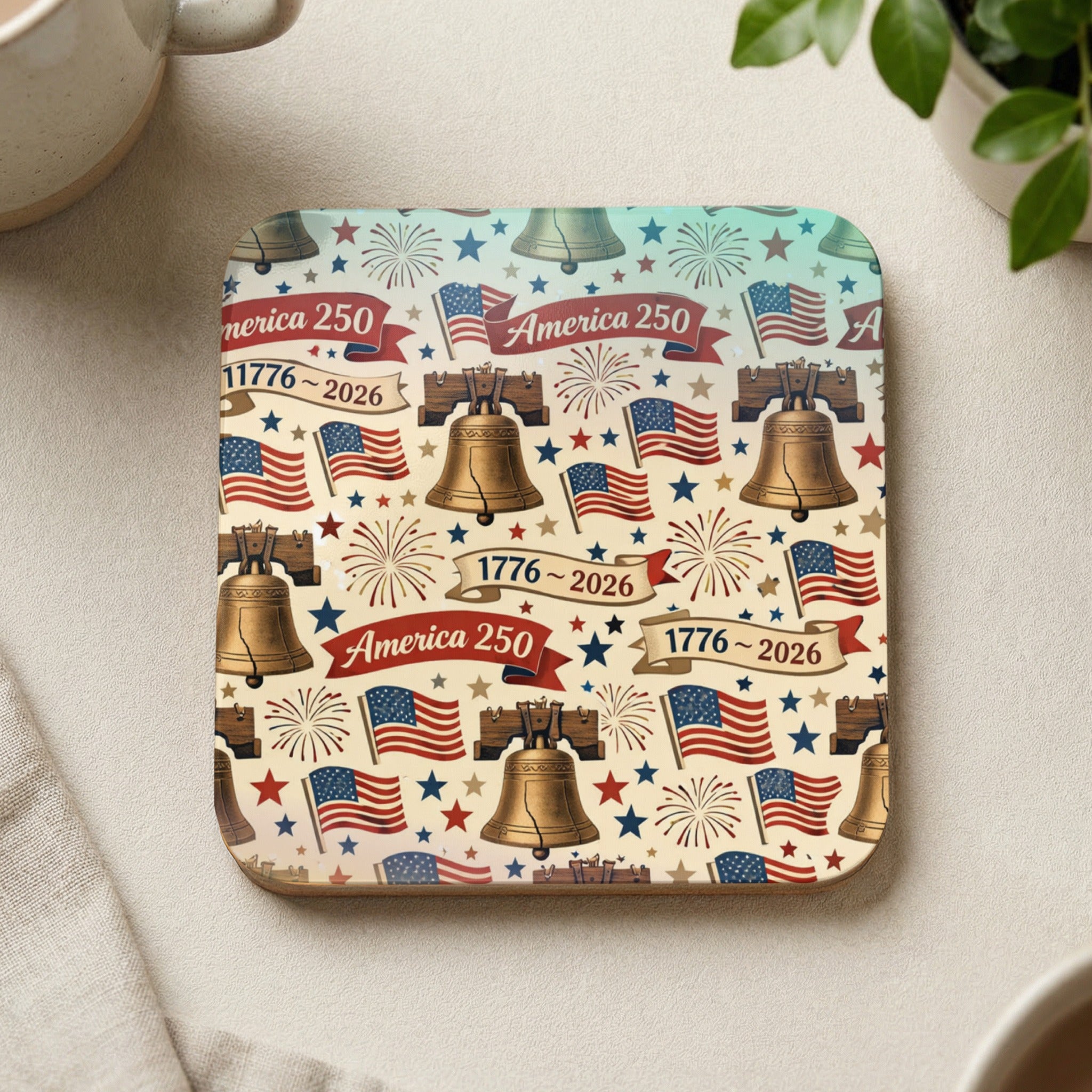 America 250 coaster with bells, flags, and "1776~2026" text.