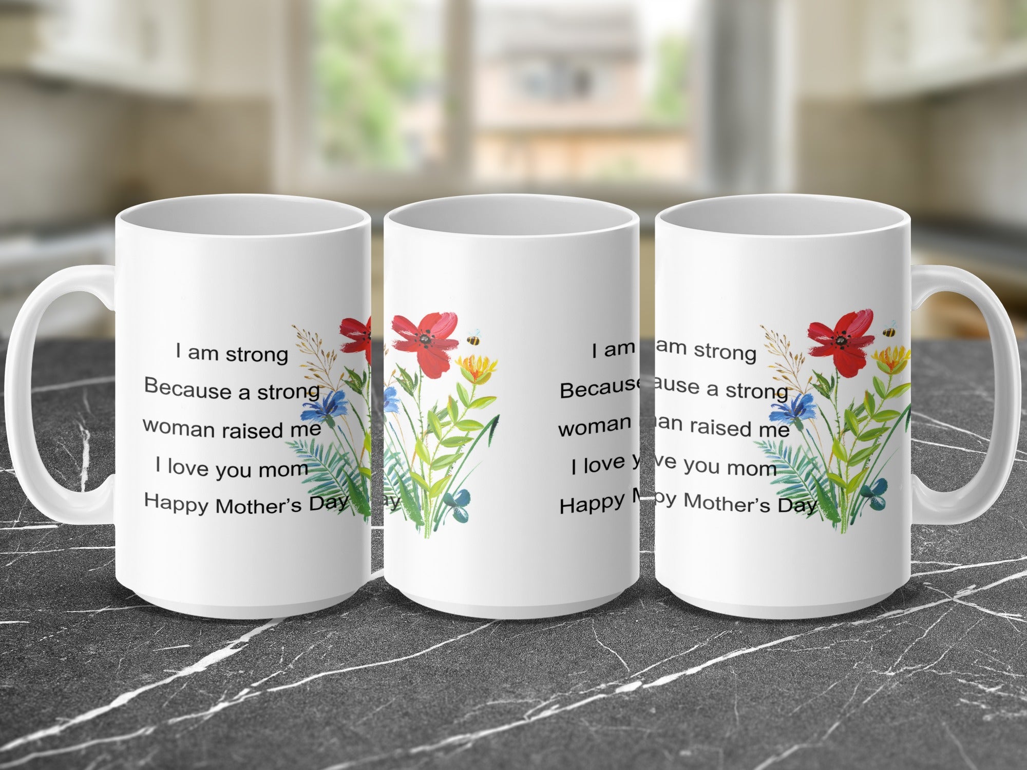 Three white mugs with floral and bee design, "Happy Mother's Day" message.