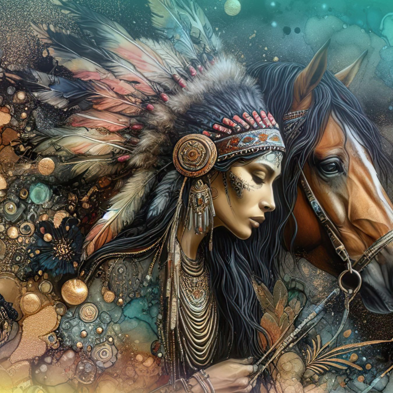 Woman with feather headdress and horse, intricate details.