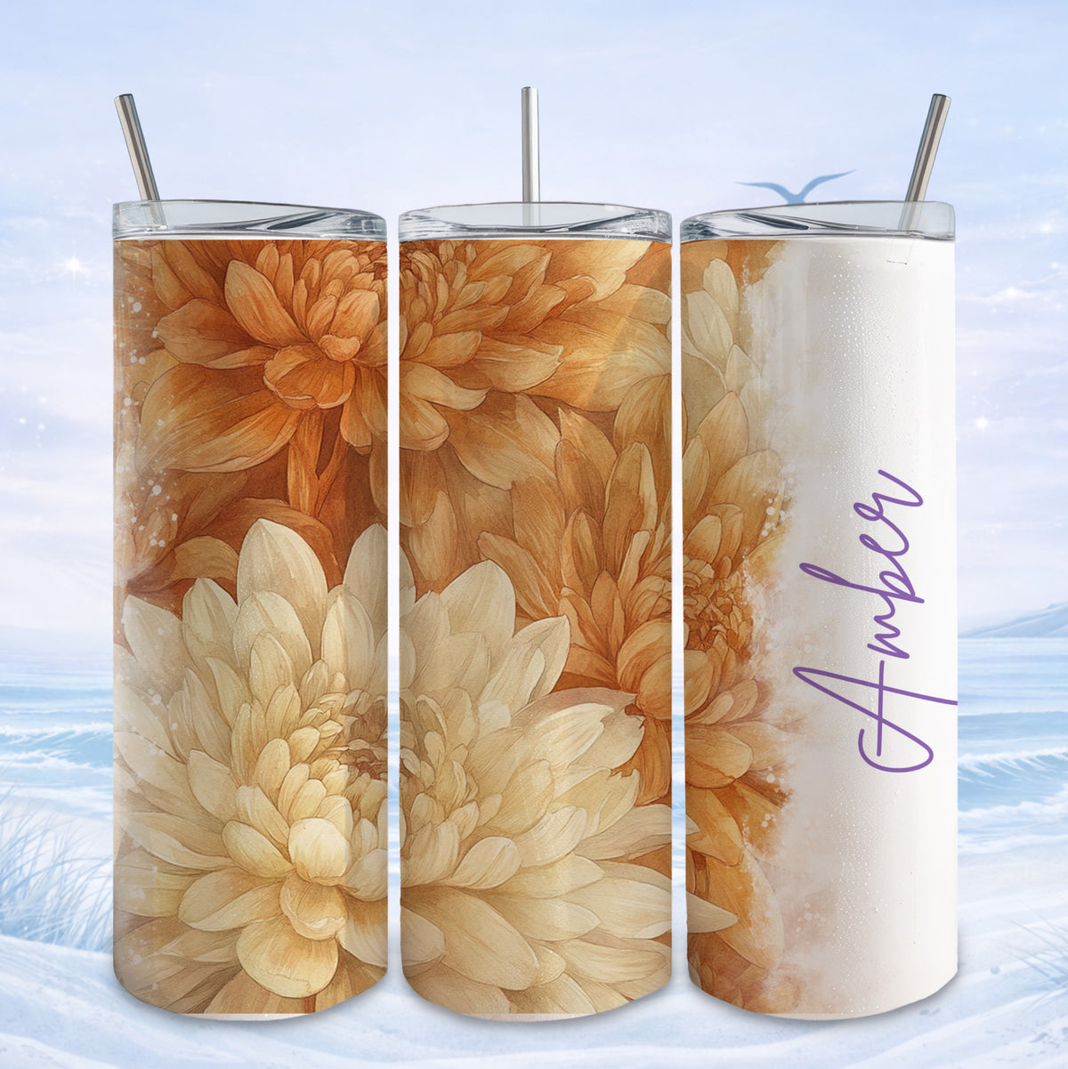 Triptych of a tumbler with floral design and "Amber" in cursive.