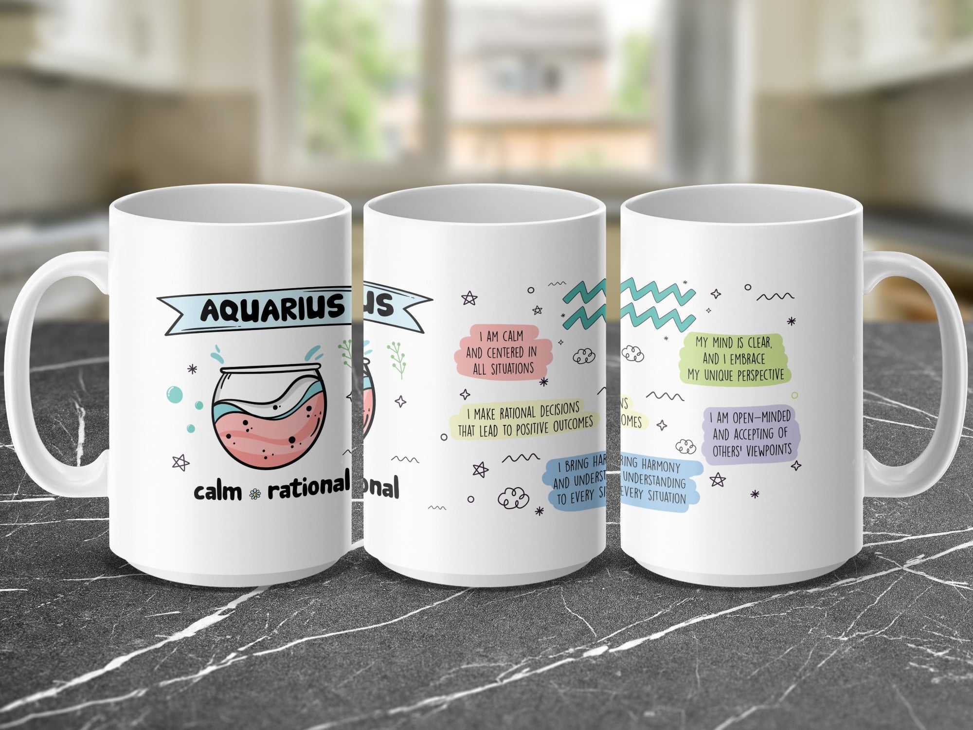 Aquarius mug with astrological symbols and affirming statements.