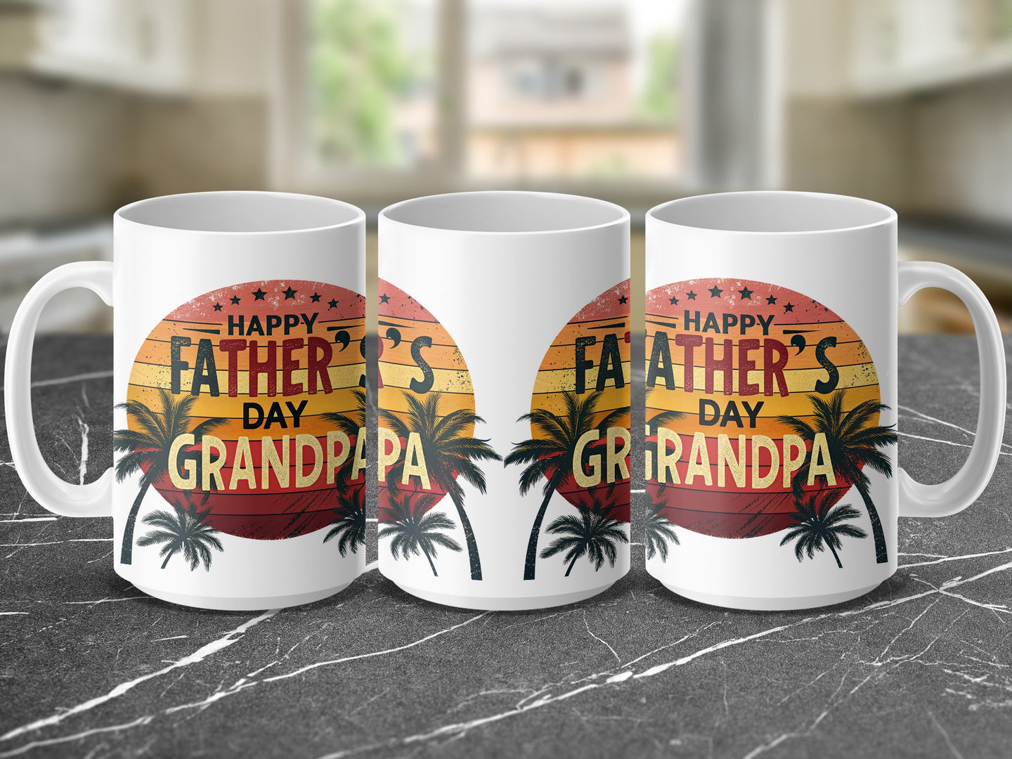 Three mugs with "Happy Father's Day Grandpap" and palm trees.