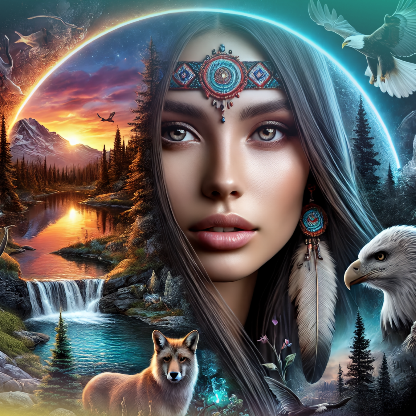 Native American woman with eagle and fox in serene natural landscape.