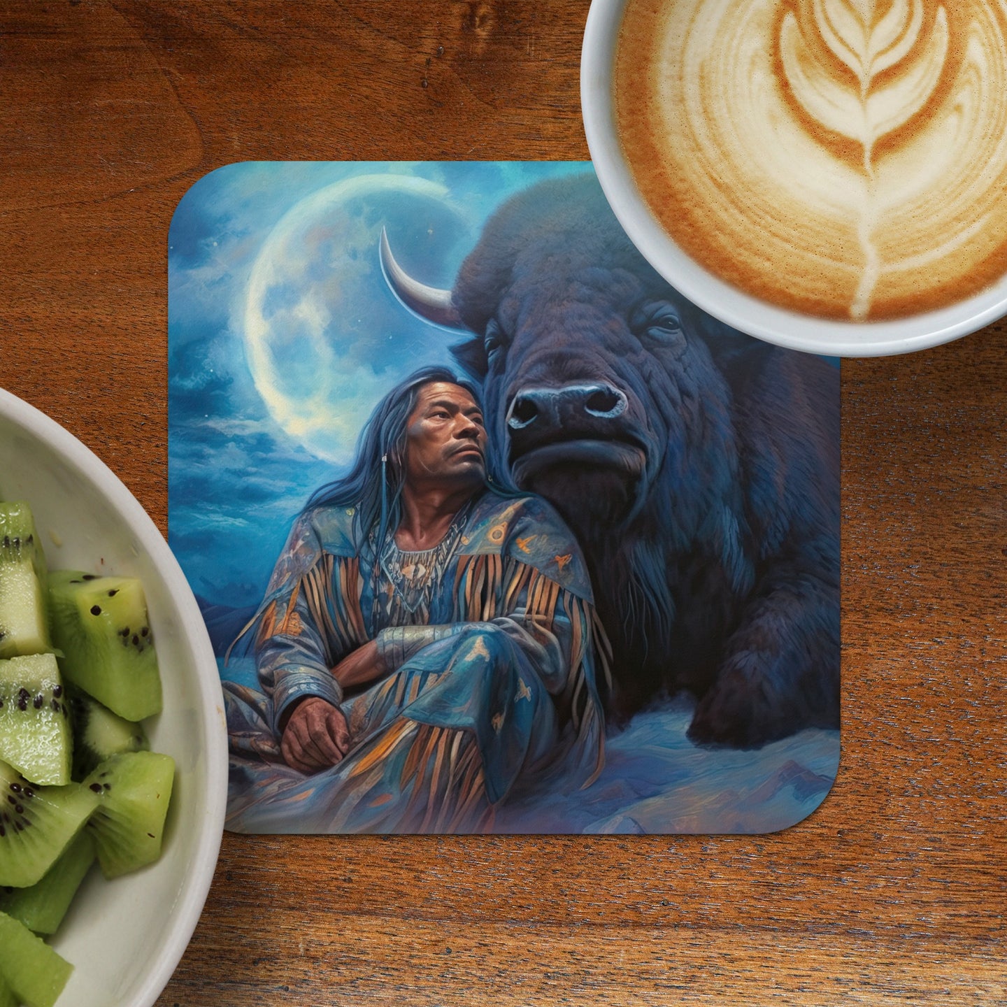 Native American man with buffalo under a full moon, with coffee and kiwi.