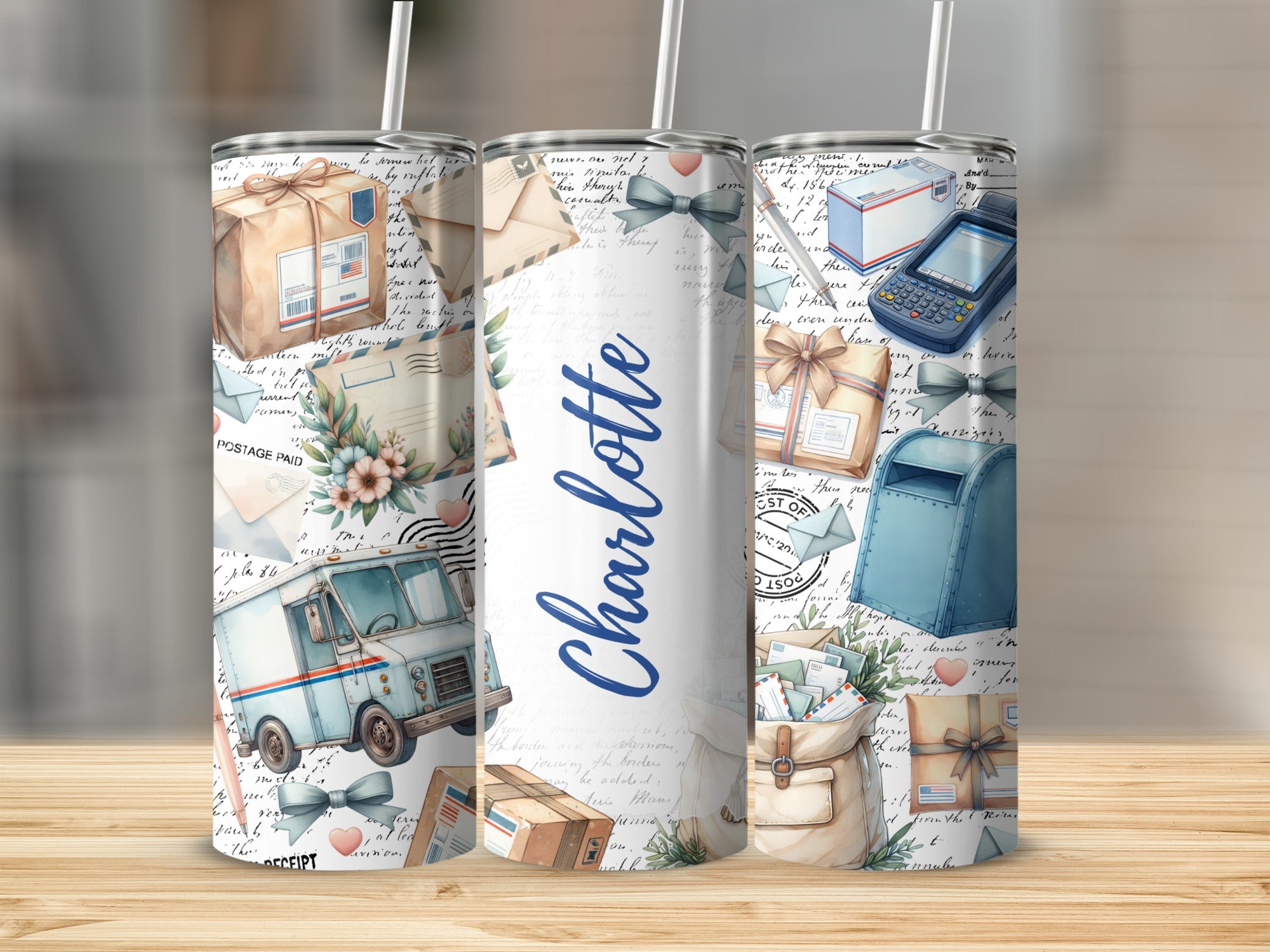 Tumbler with postal theme, truck, mailbox, and "Charlotte" text.