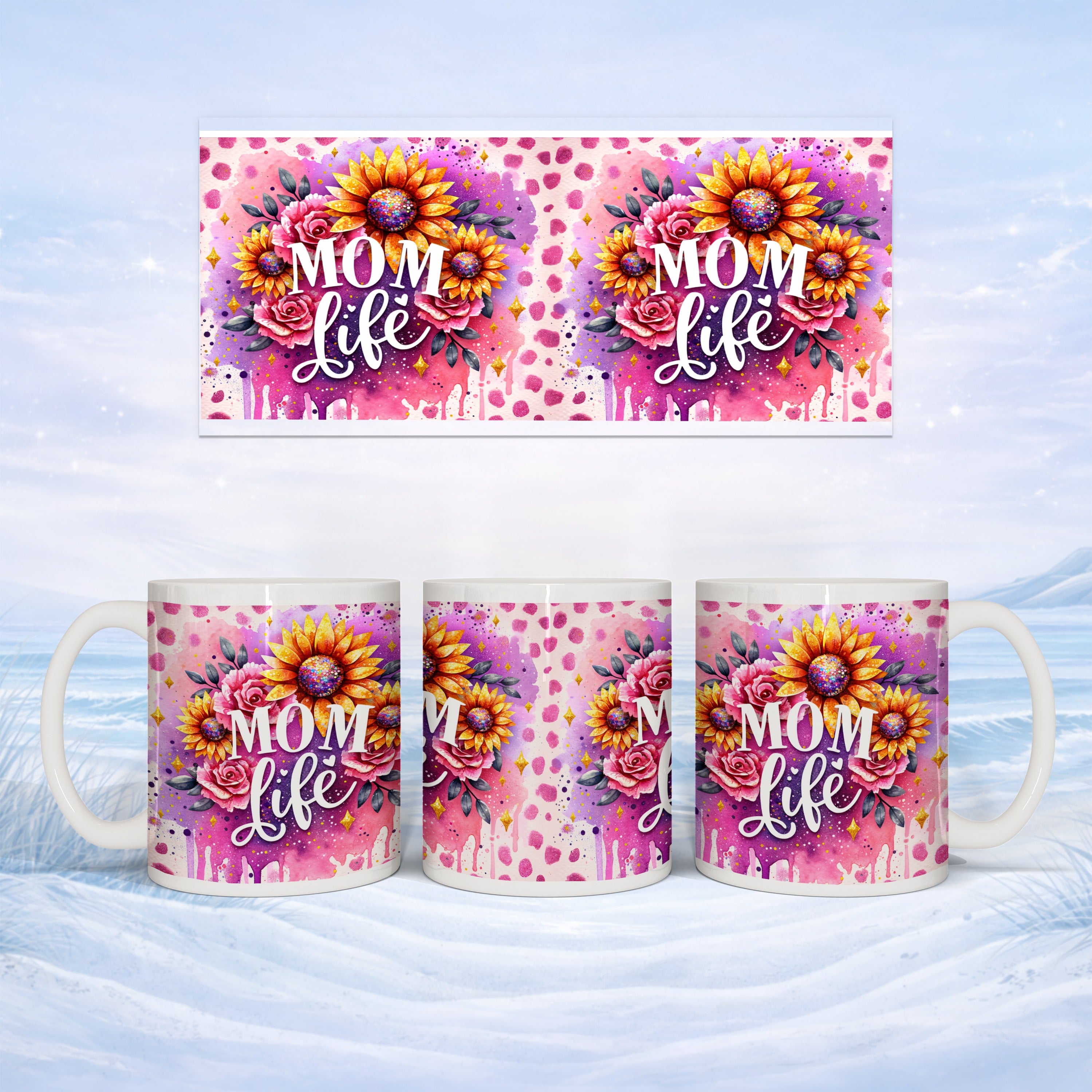 Mug with "Mom Life" text and floral watercolor design.