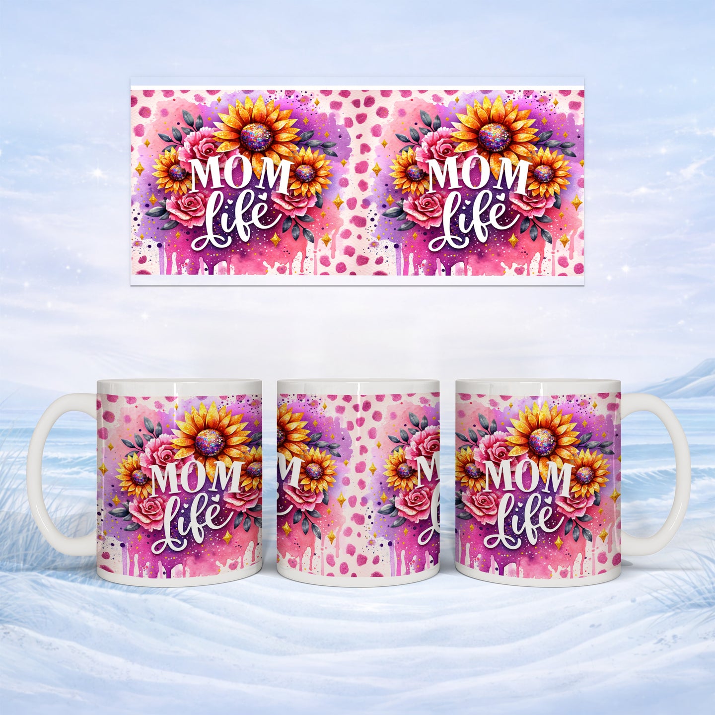 Mug with "Mom Life" text and floral watercolor design.