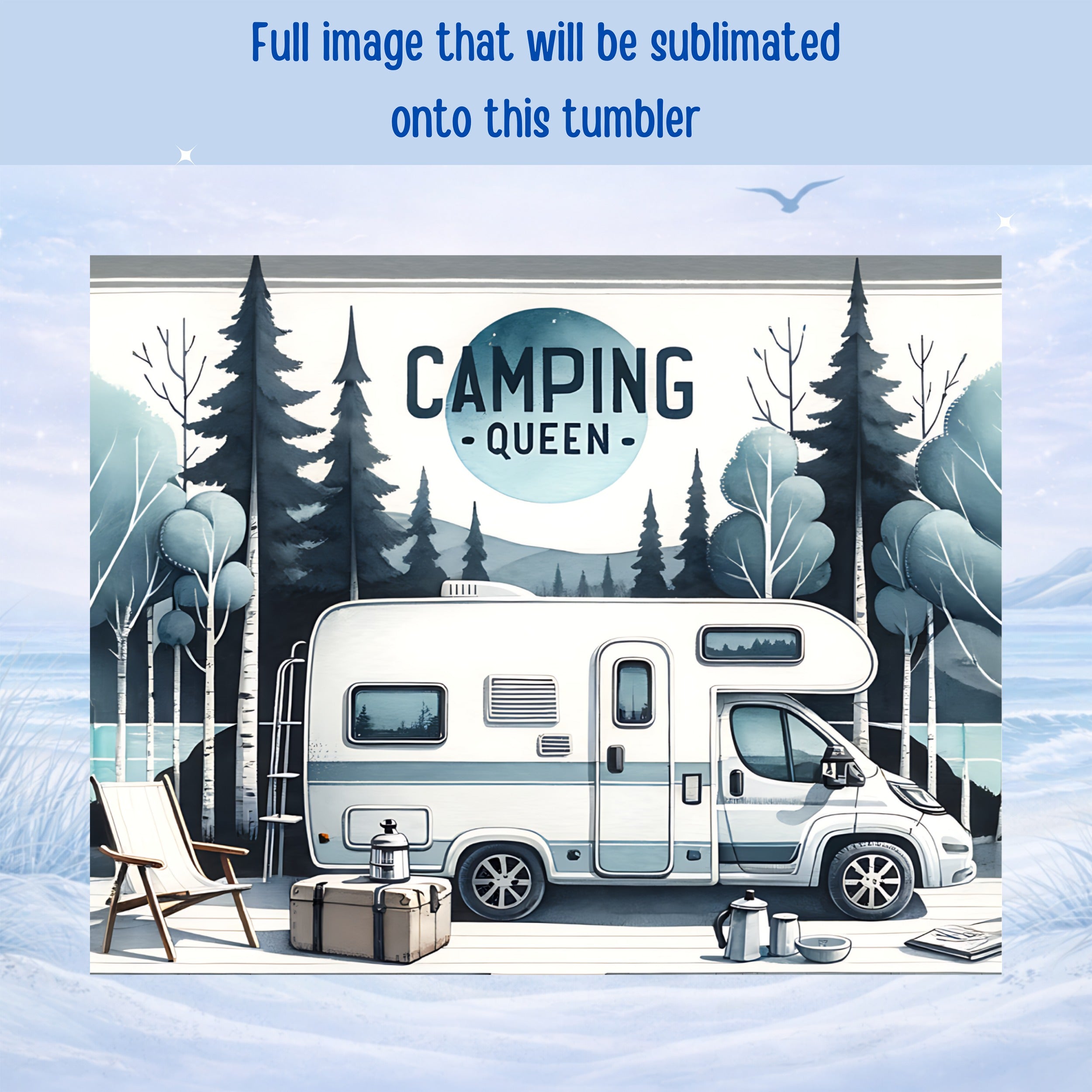 Camper trailer with "Camping Queen" text, set against a snowy woodland landscape.