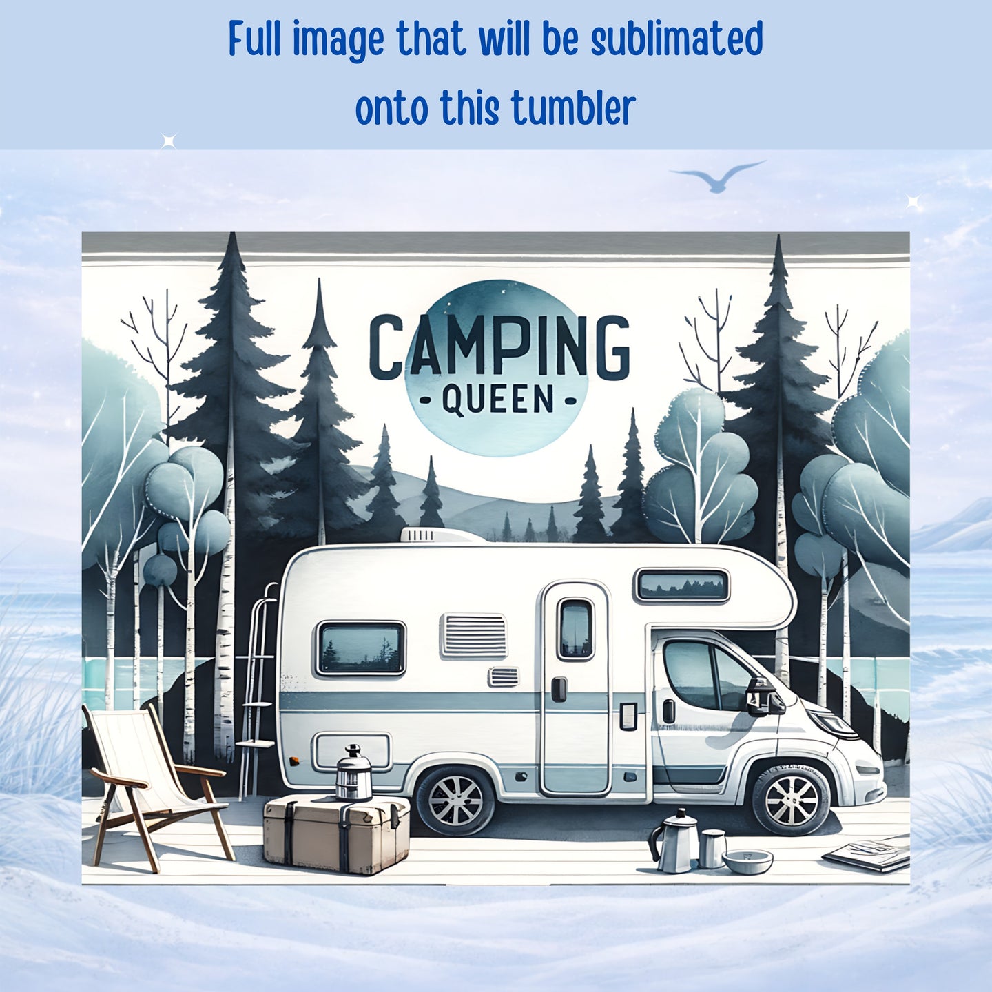 Camper trailer with "Camping Queen" text, set against a snowy woodland landscape.