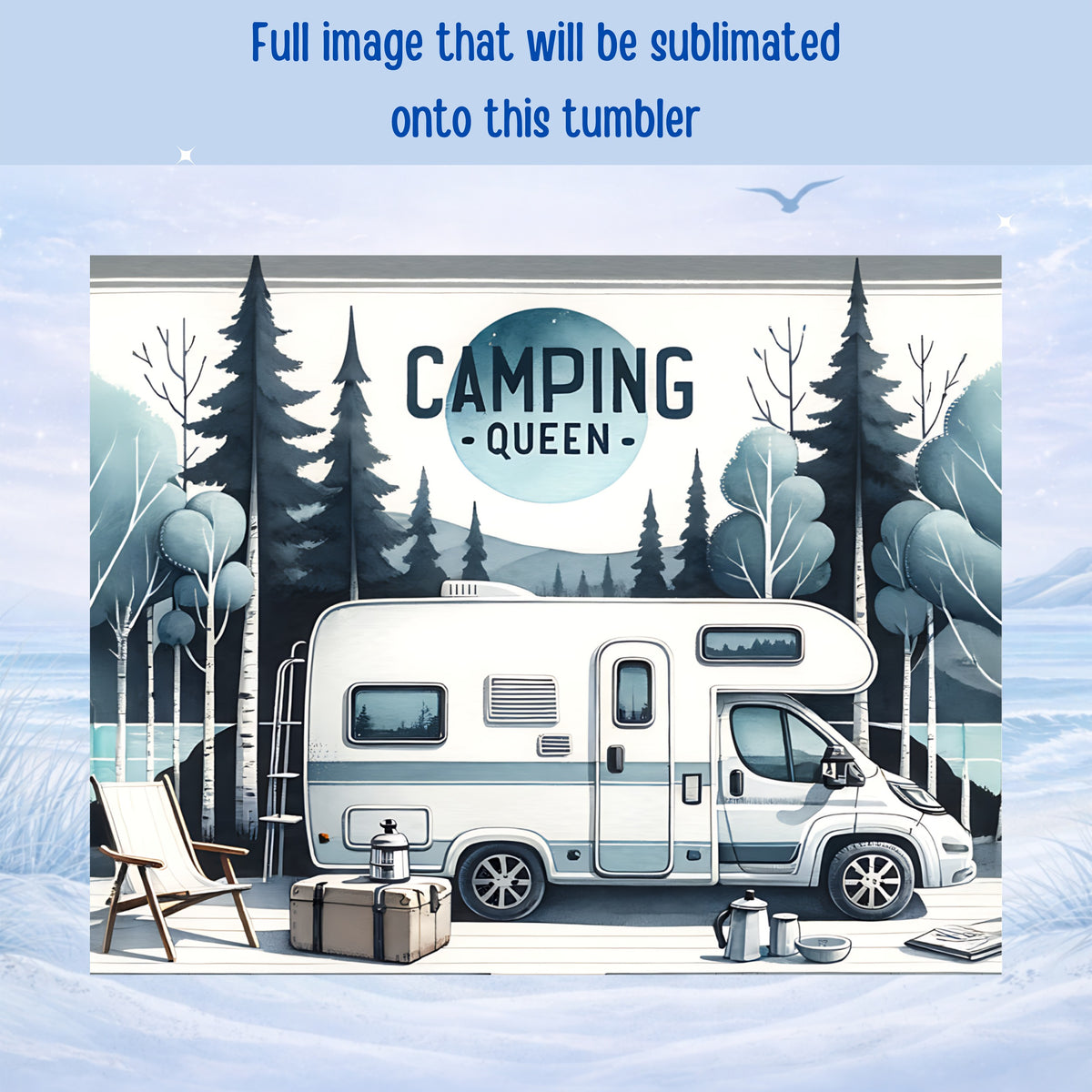 Camper trailer with "Camping Queen" text, set against a snowy woodland landscape.