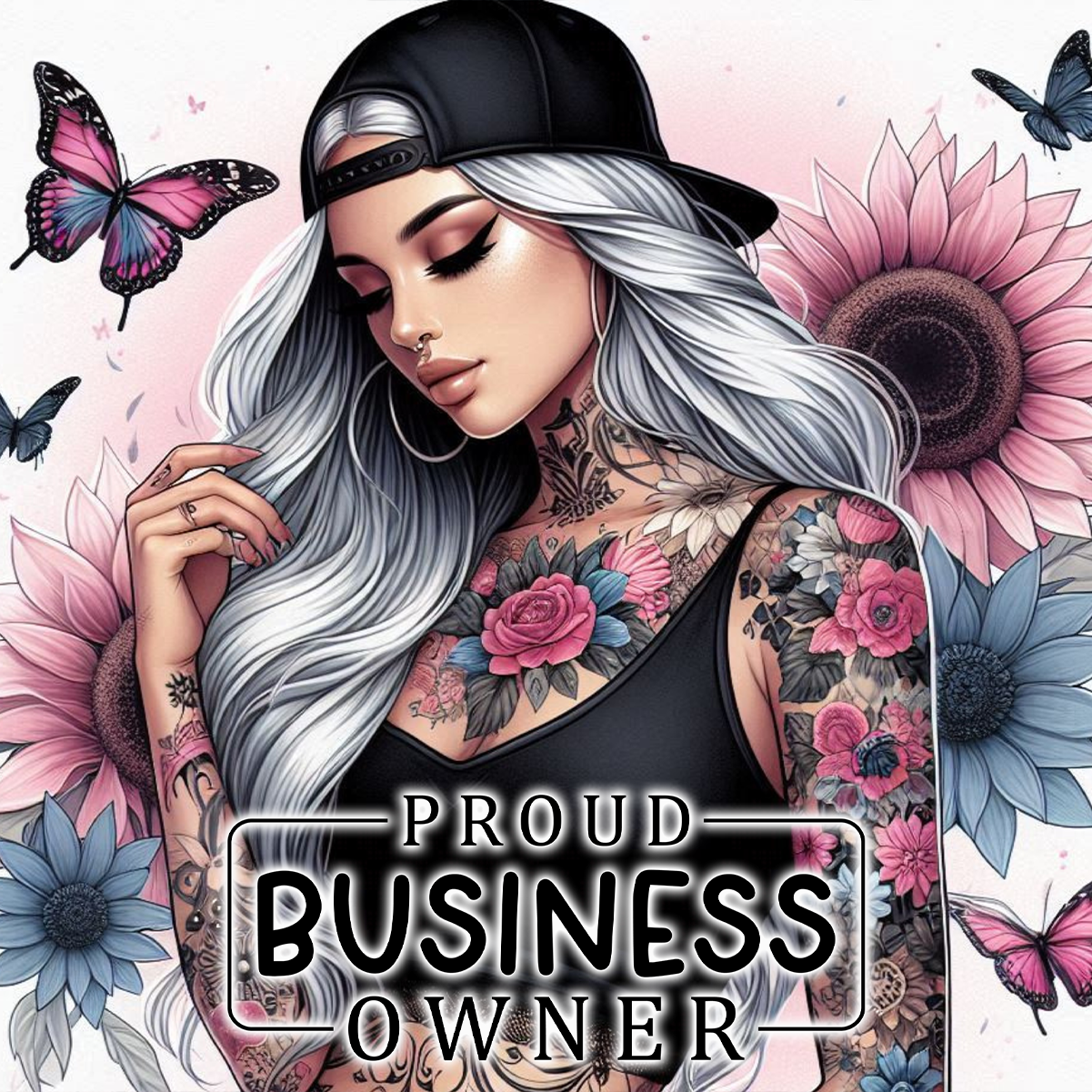 Tattooed woman in black tank top and hat, with sunflowers and butterflies.