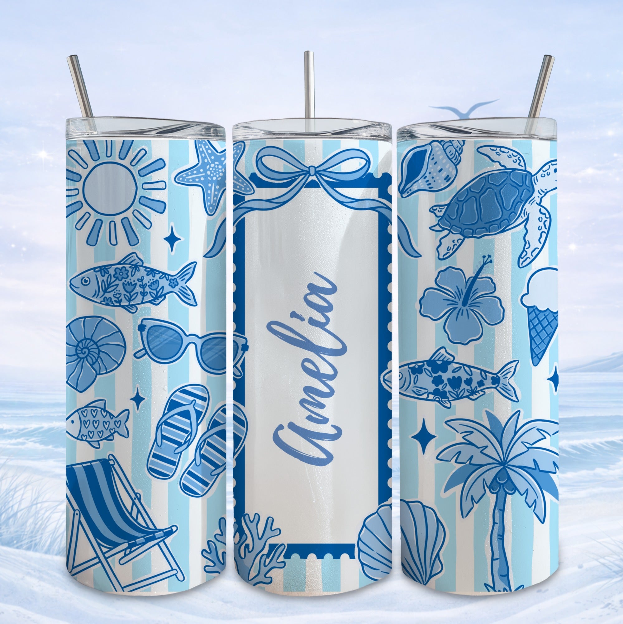 Blue and white striped tumbler with "Amelia" and beach-themed icons.