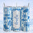 Blue and white striped tumbler with "Amelia" and beach-themed icons.