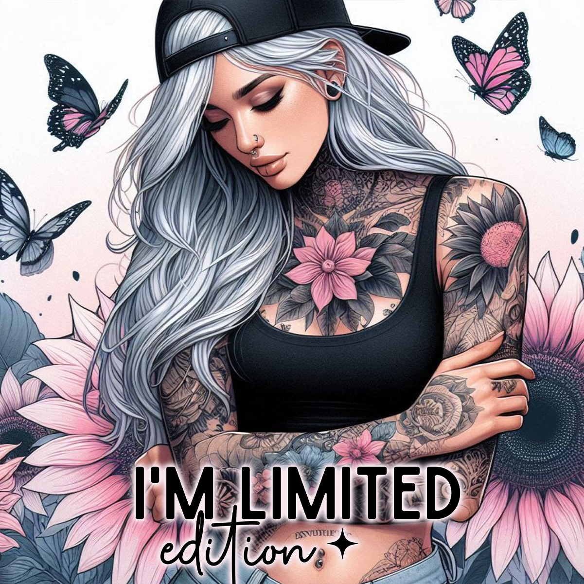 Woman with tattoos and sunflowers, text "I'M LIMITED edition".