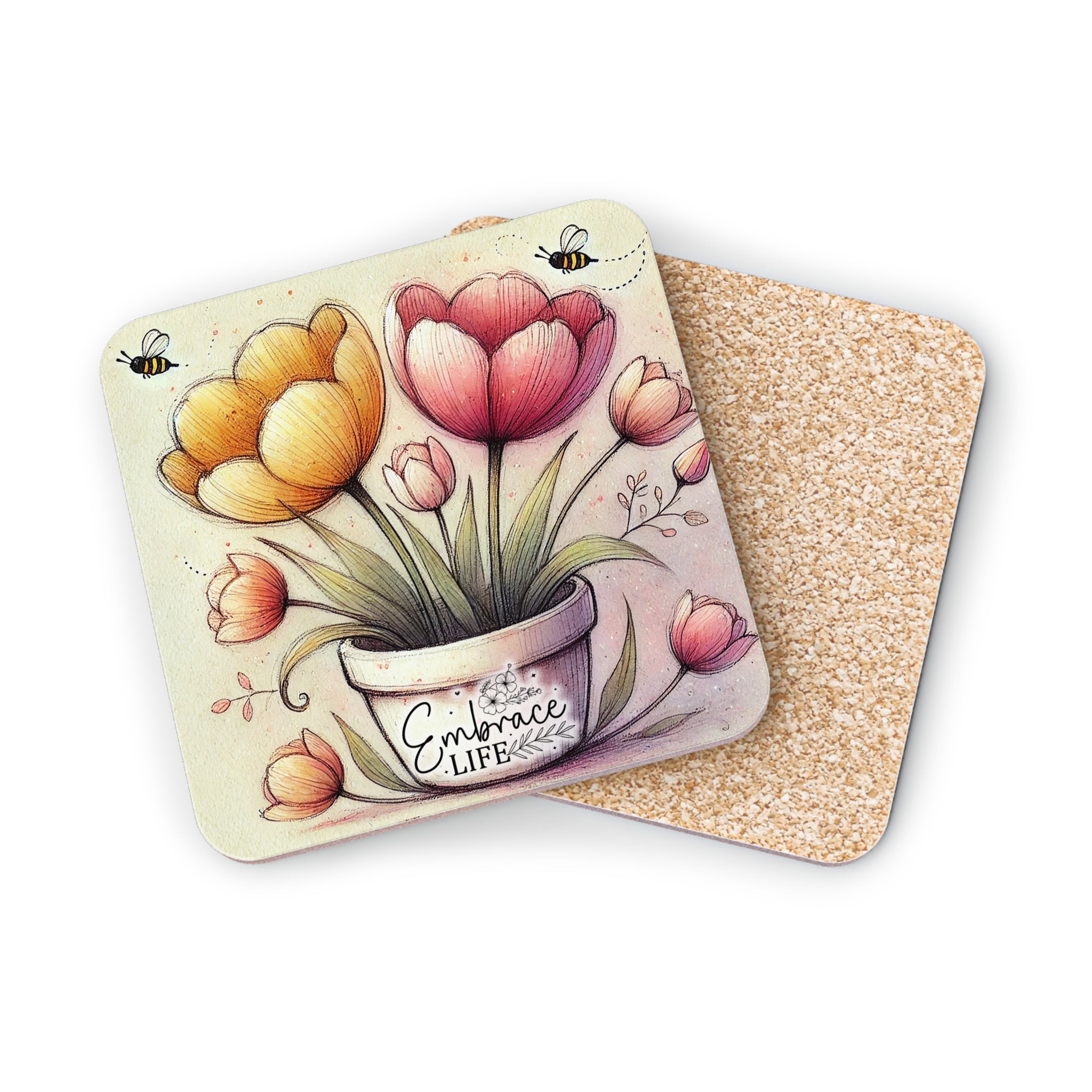 Coasters with watercolor tulips and "Embrace Life" text, two bees fly nearby.