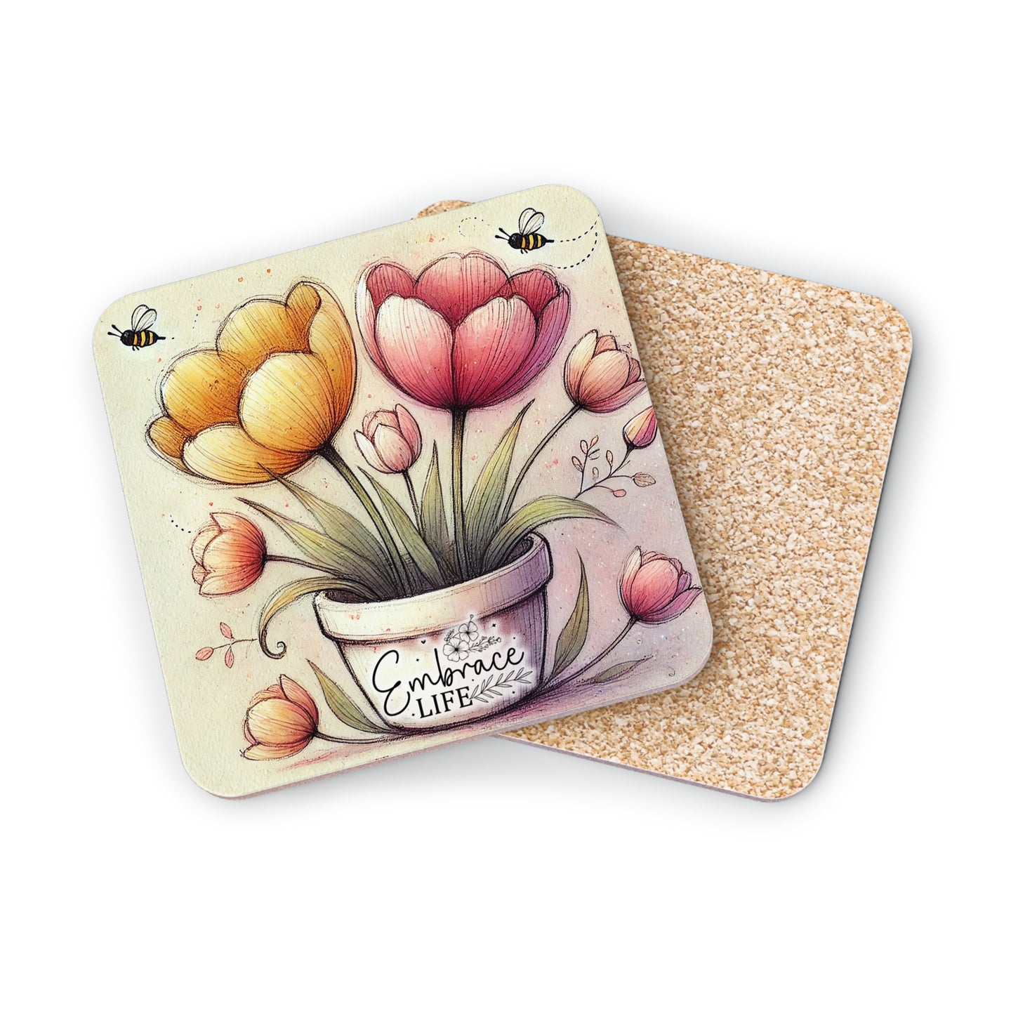 Coasters with watercolor tulips and "Embrace Life" text, two bees fly nearby.