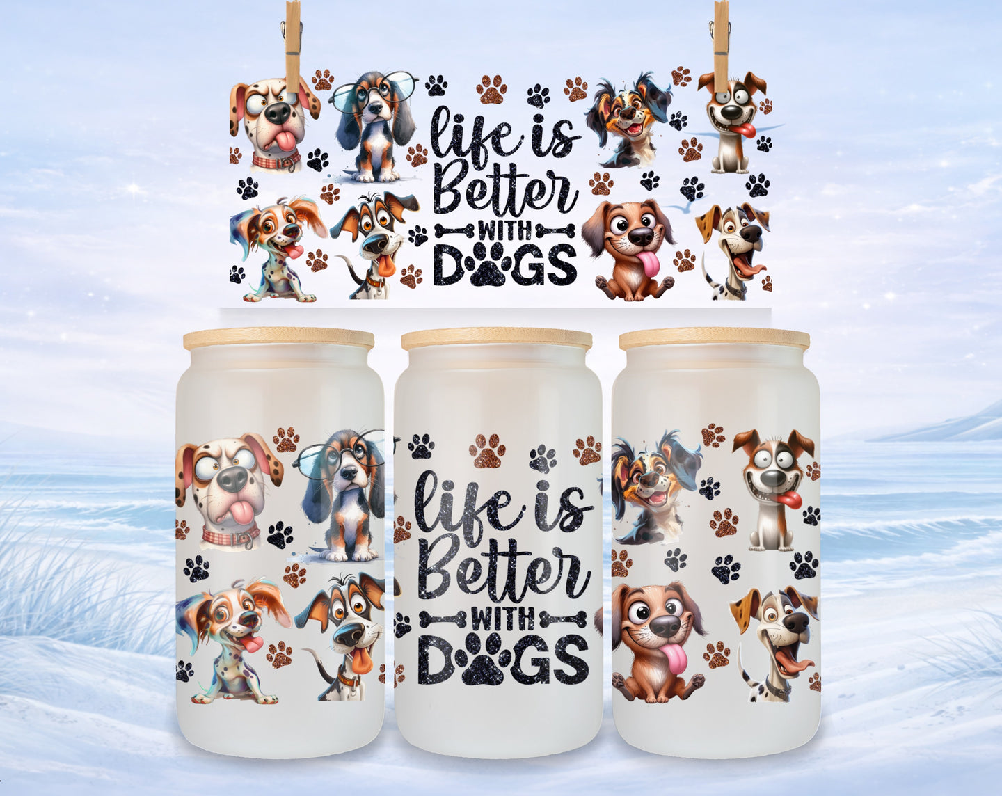 Glass tumbler with cartoon dogs and "Life is Better With Dogs" text.