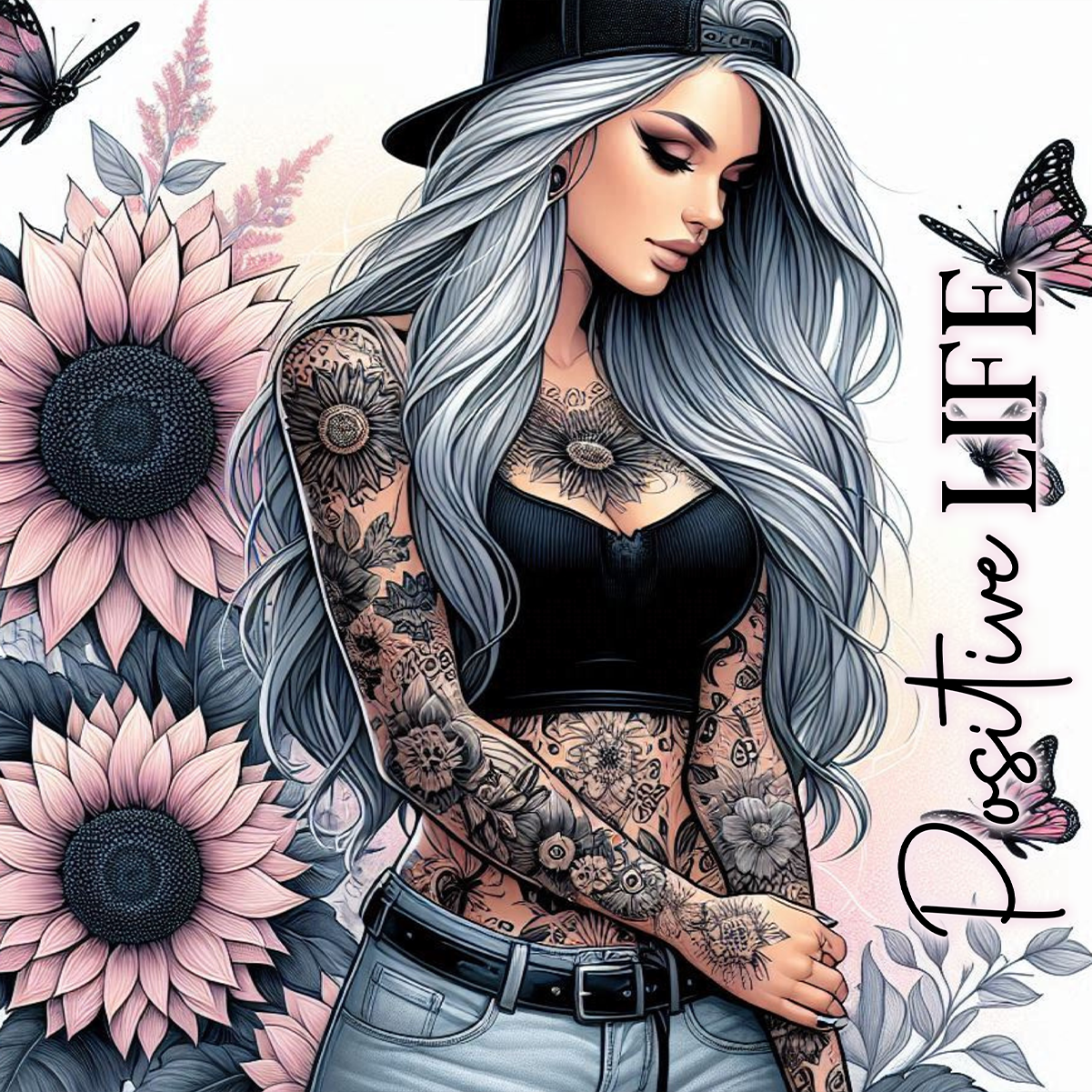 Tattooed woman in black crop top and jeans, surrounded by sunflowers and butterflies.