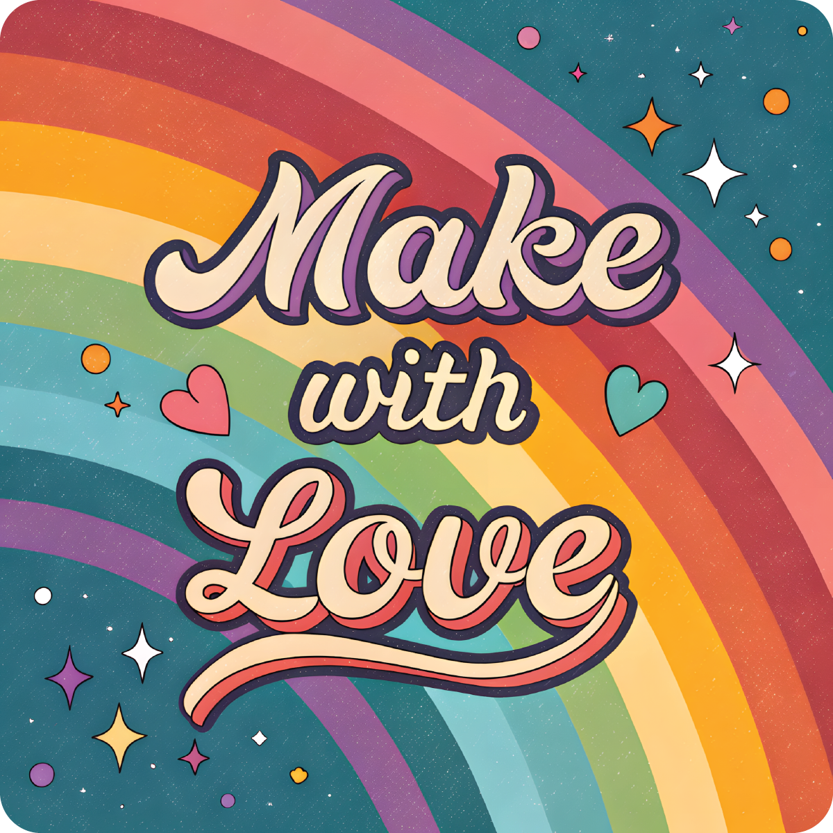 Make with Love text on a retro rainbow background with stars and hearts.