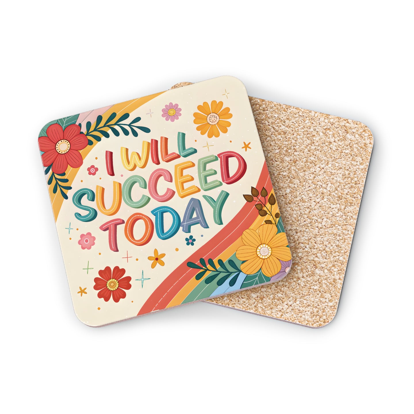 Coaster with "I will succeed today" text and colorful flowers and rainbow design.