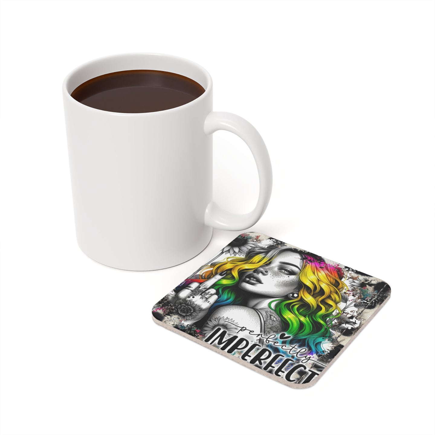 Coaster with woman's portrait and "perfectly imperfect" text next to a white mug.