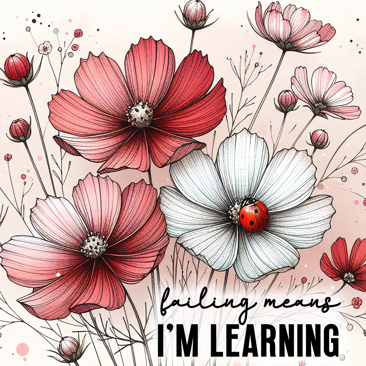 Cosmos flowers with a ladybug and text "failing means I'M LEARNING".