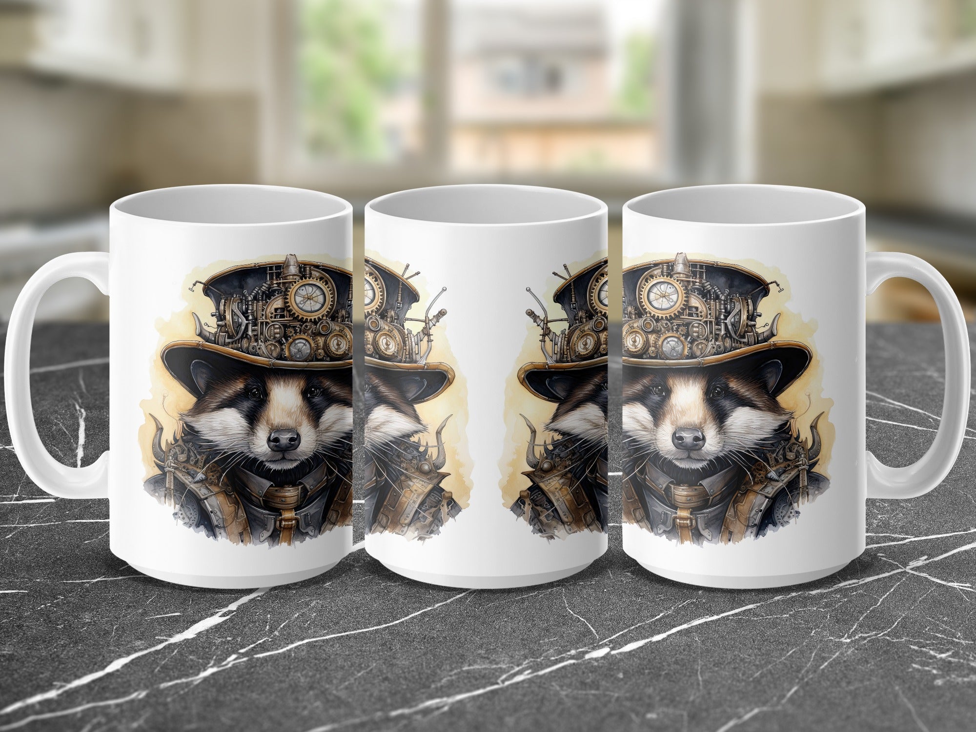 Steampunk raccoon with goggles and gears on a white mug.