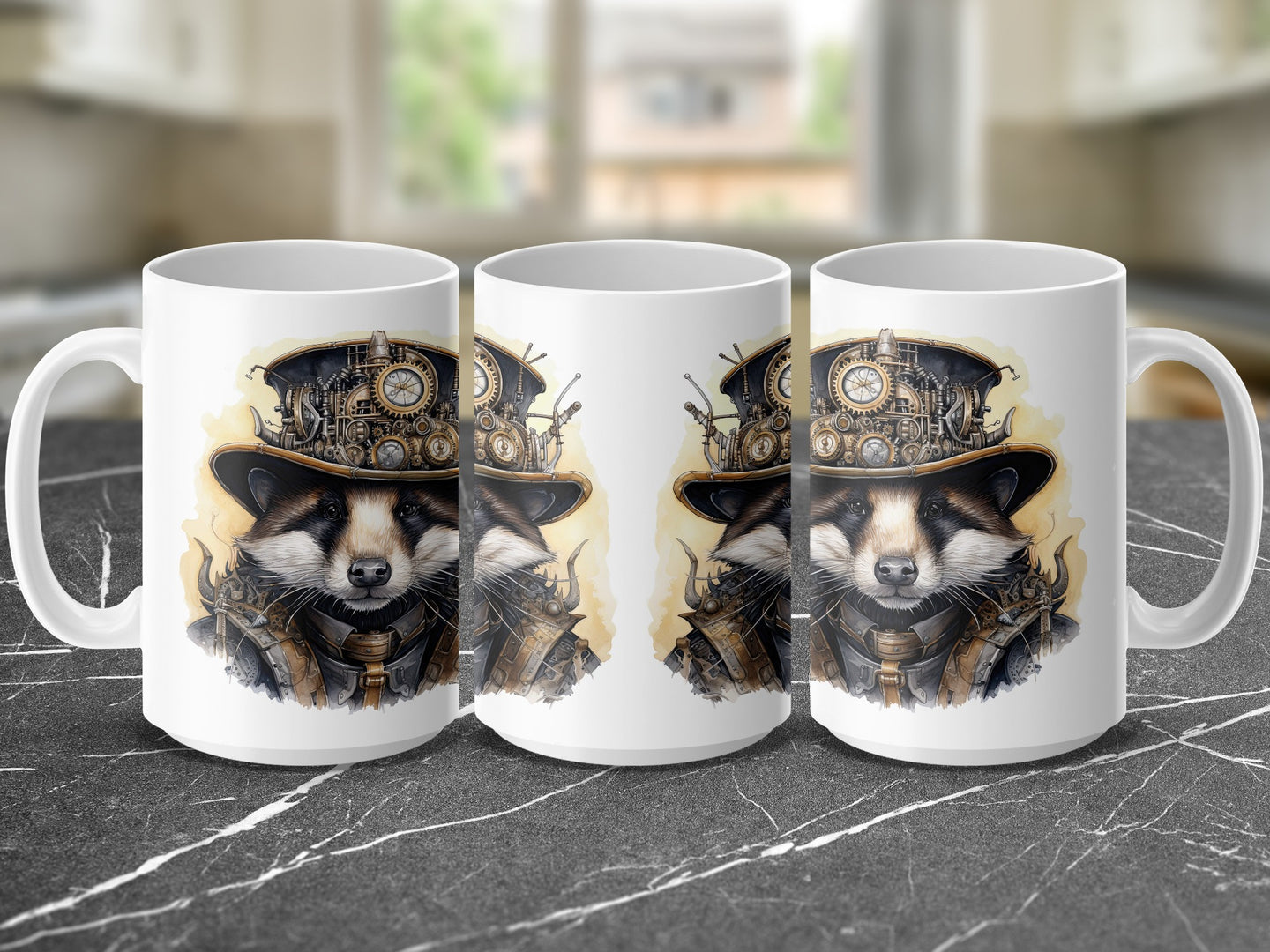 Steampunk raccoon with goggles and gears on a white mug.