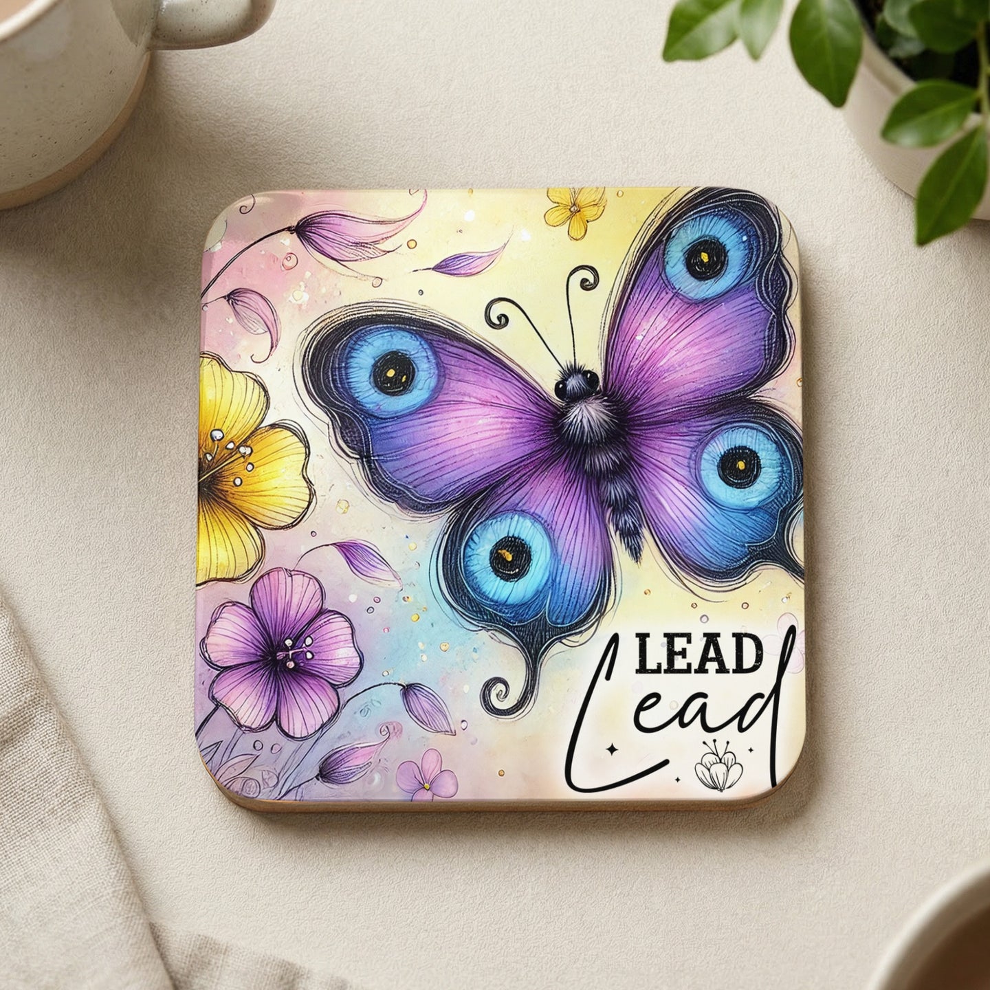 Butterfly design with "Lead" text on a square coaster.