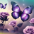 Purple butterflies fly over pink roses in a soft light.