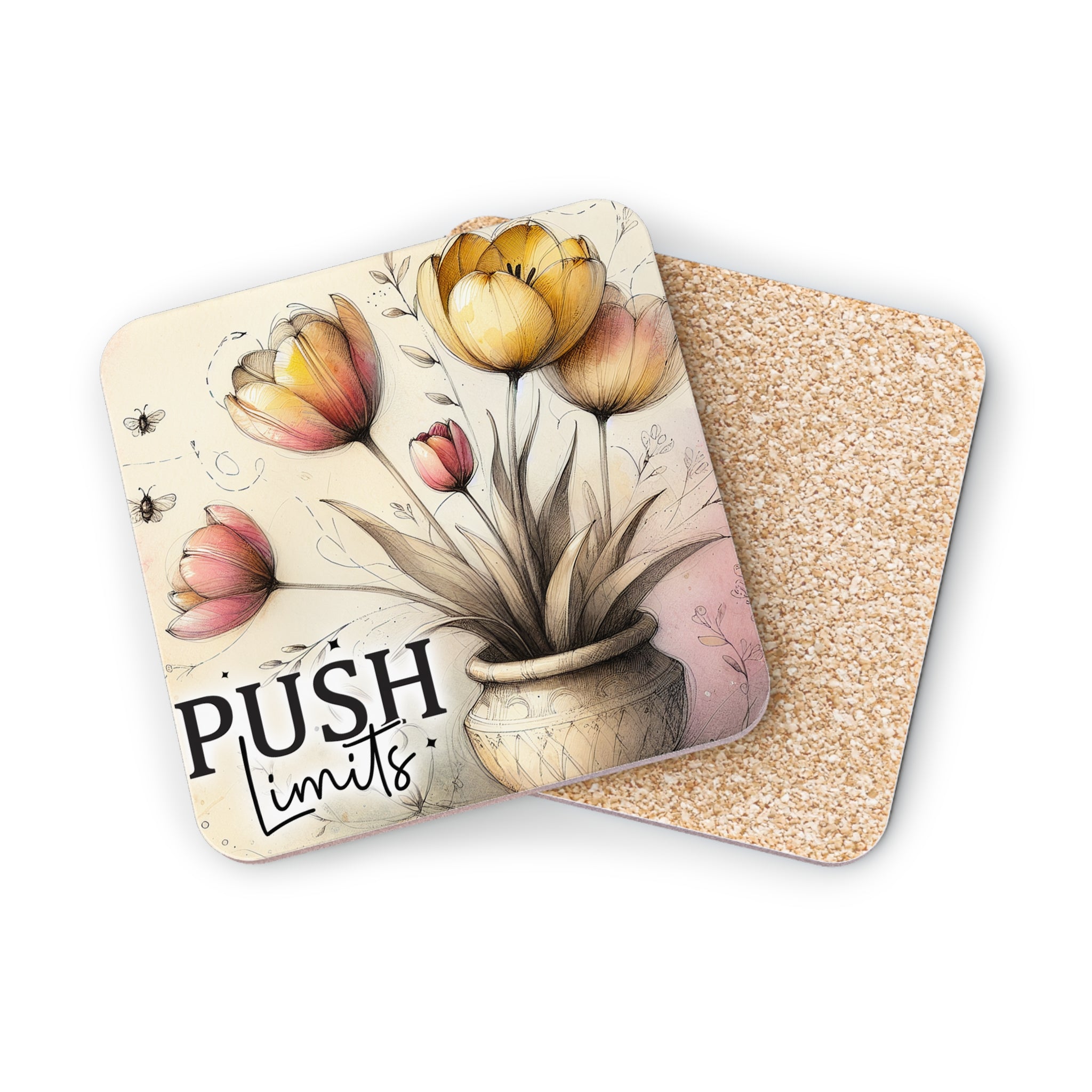 Coaster with yellow tulips in a pot and the text "PUSH limits".