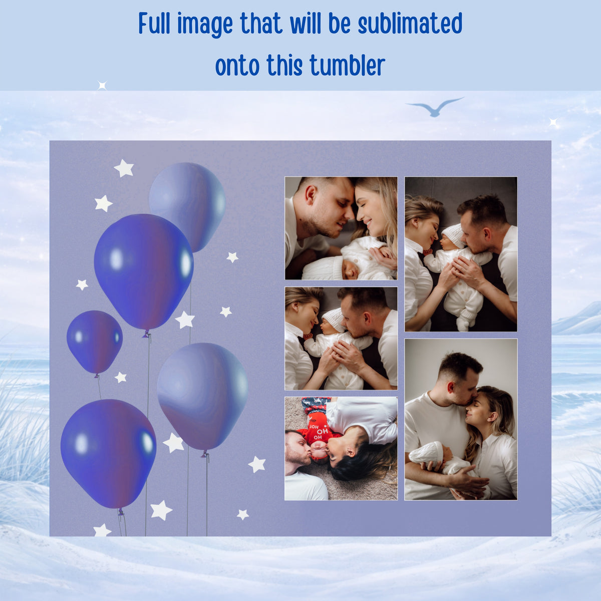 Collage of a young family with a newborn baby, surrounded by balloons and stars.