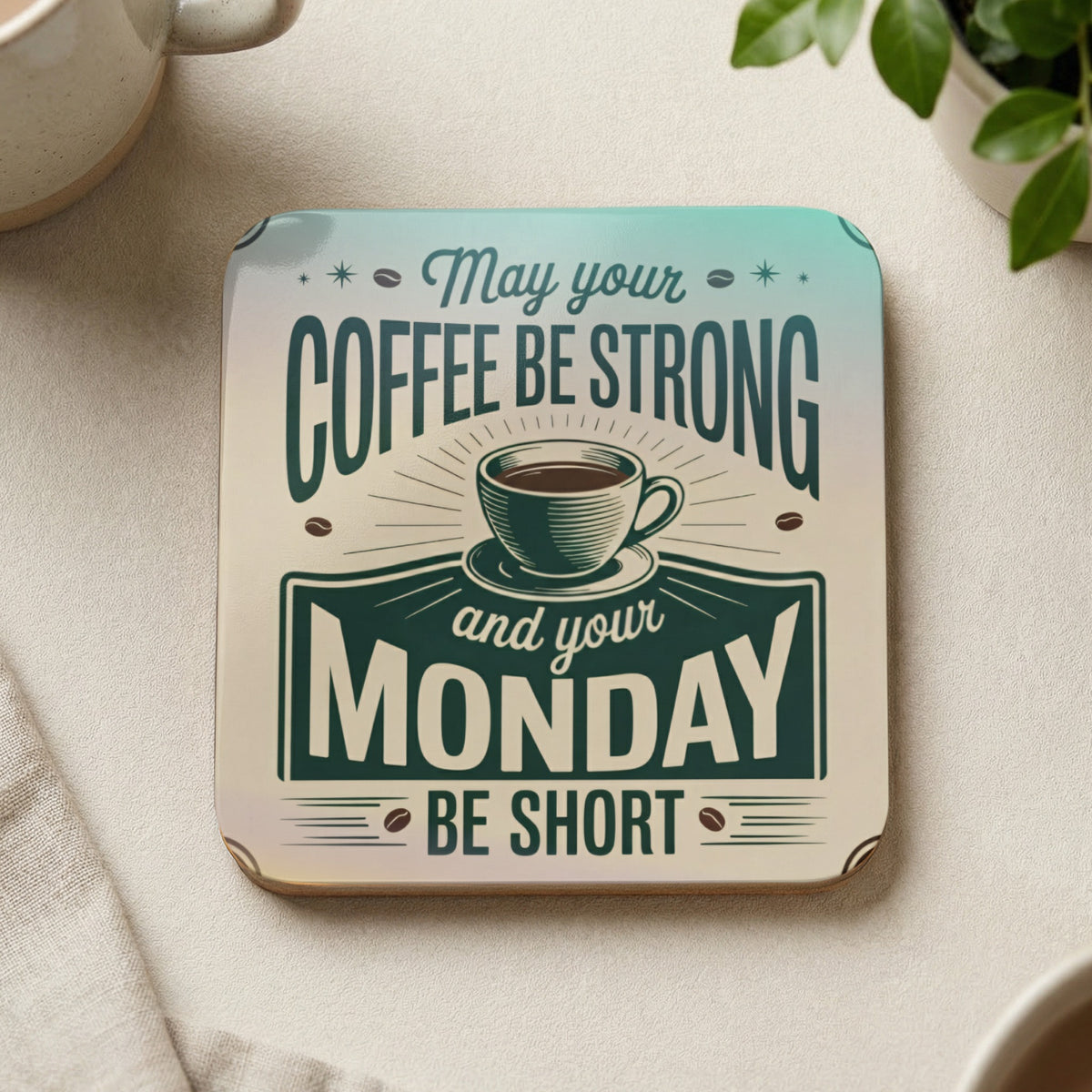 Coaster with "May your COFFEE BE STRONG and your MONDAY BE SHORT."