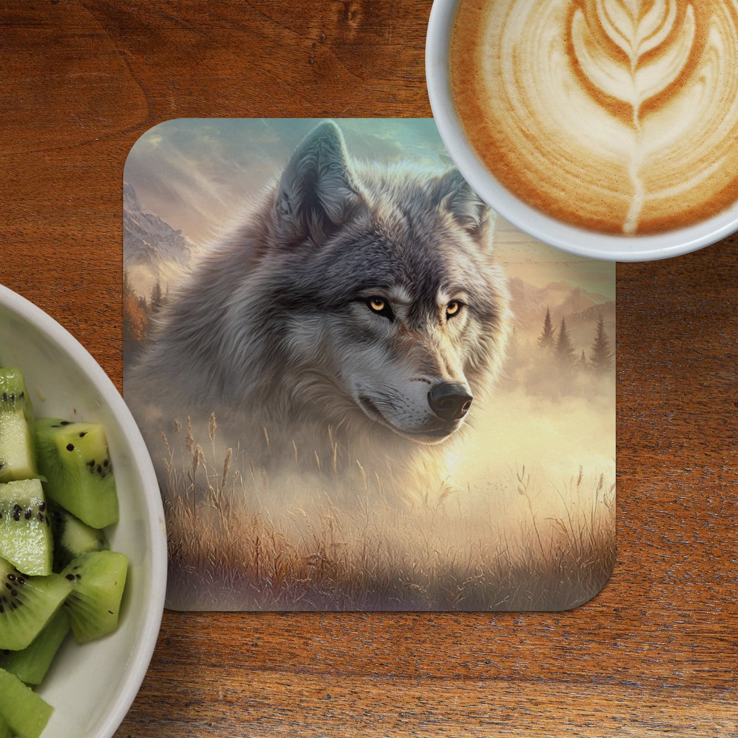 Wolf head art on coaster with coffee and kiwi in foreground.