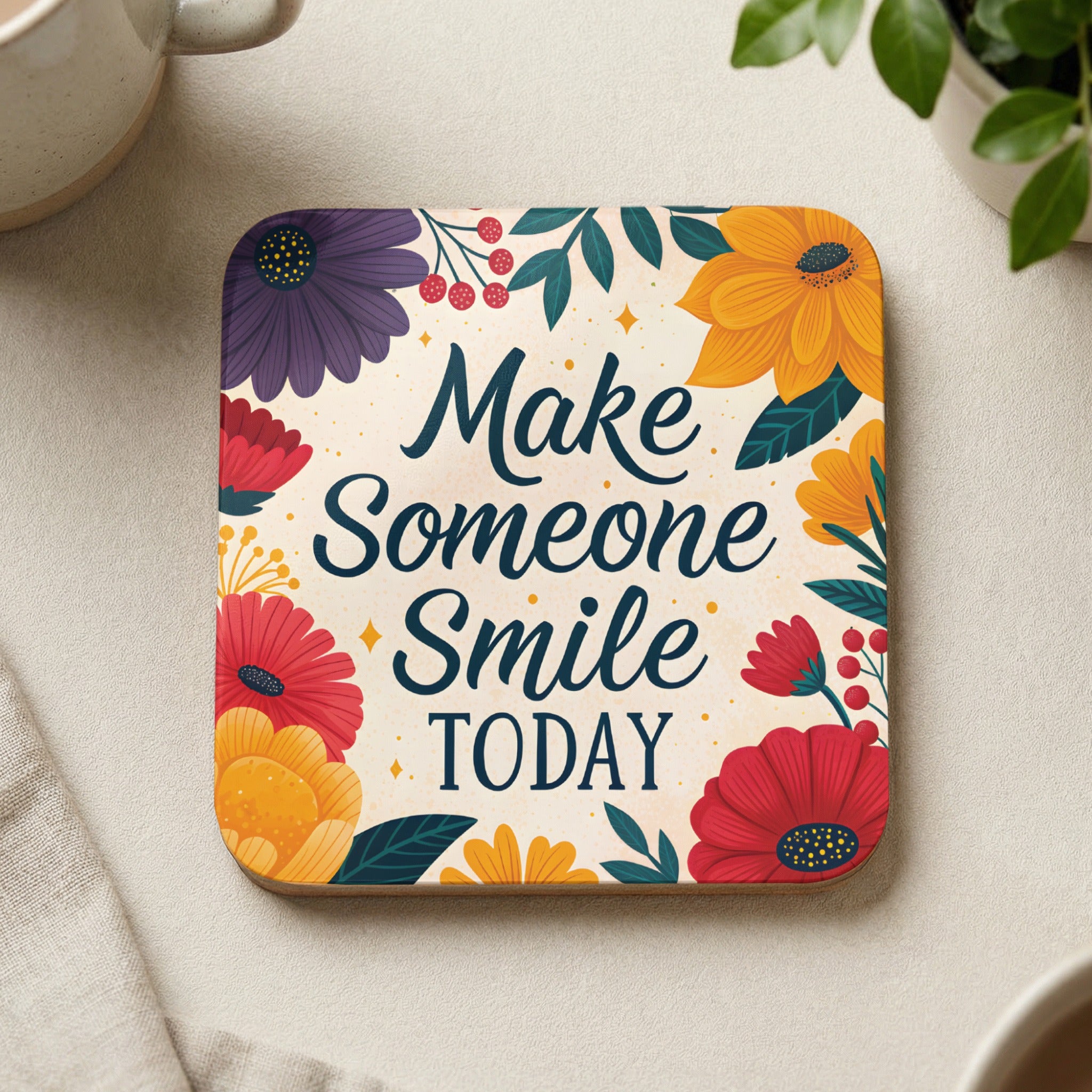 Coaster with floral design and "Make Someone Smile Today" text.