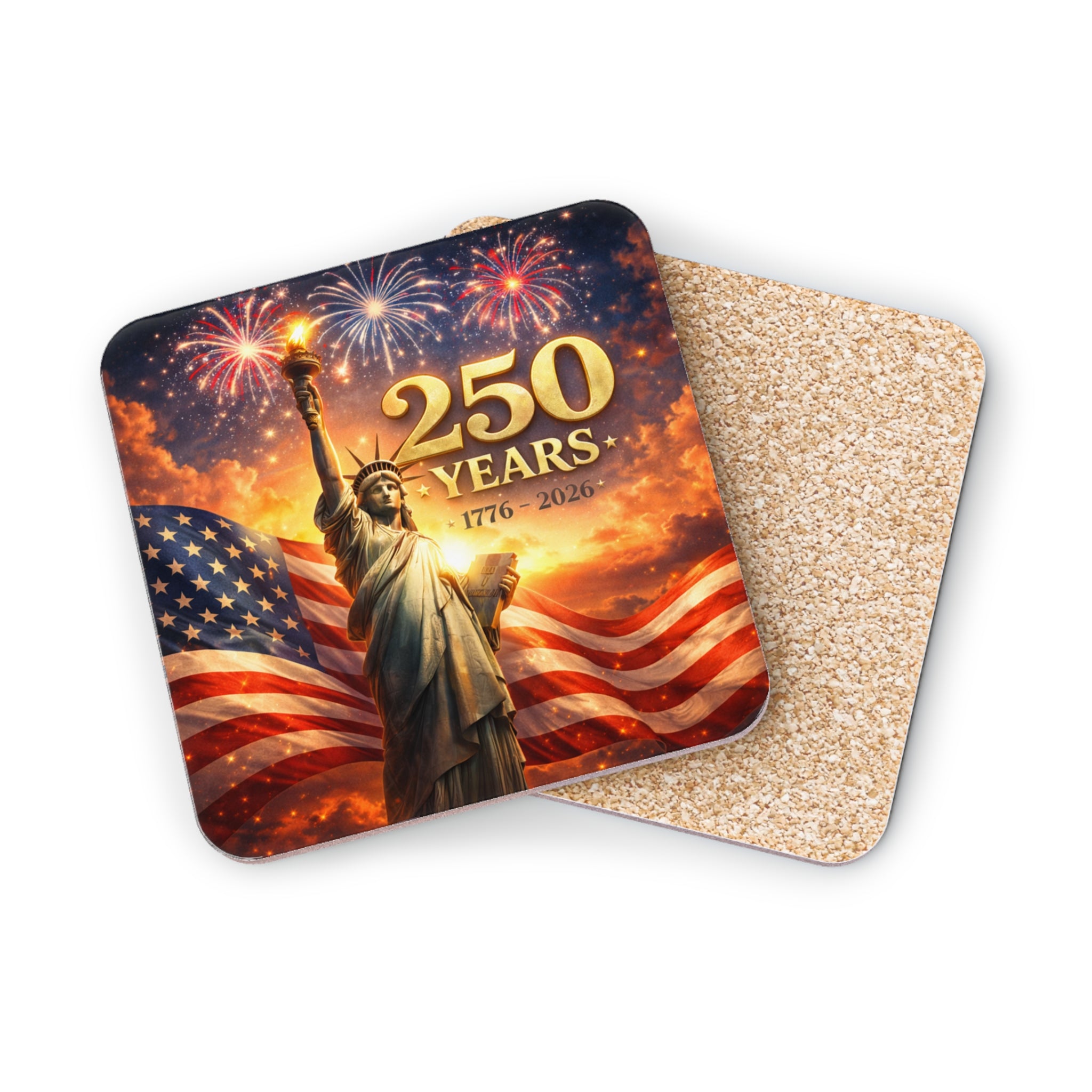 Statue of Liberty with flag and fireworks, "250 YEARS 1776 - 2026".