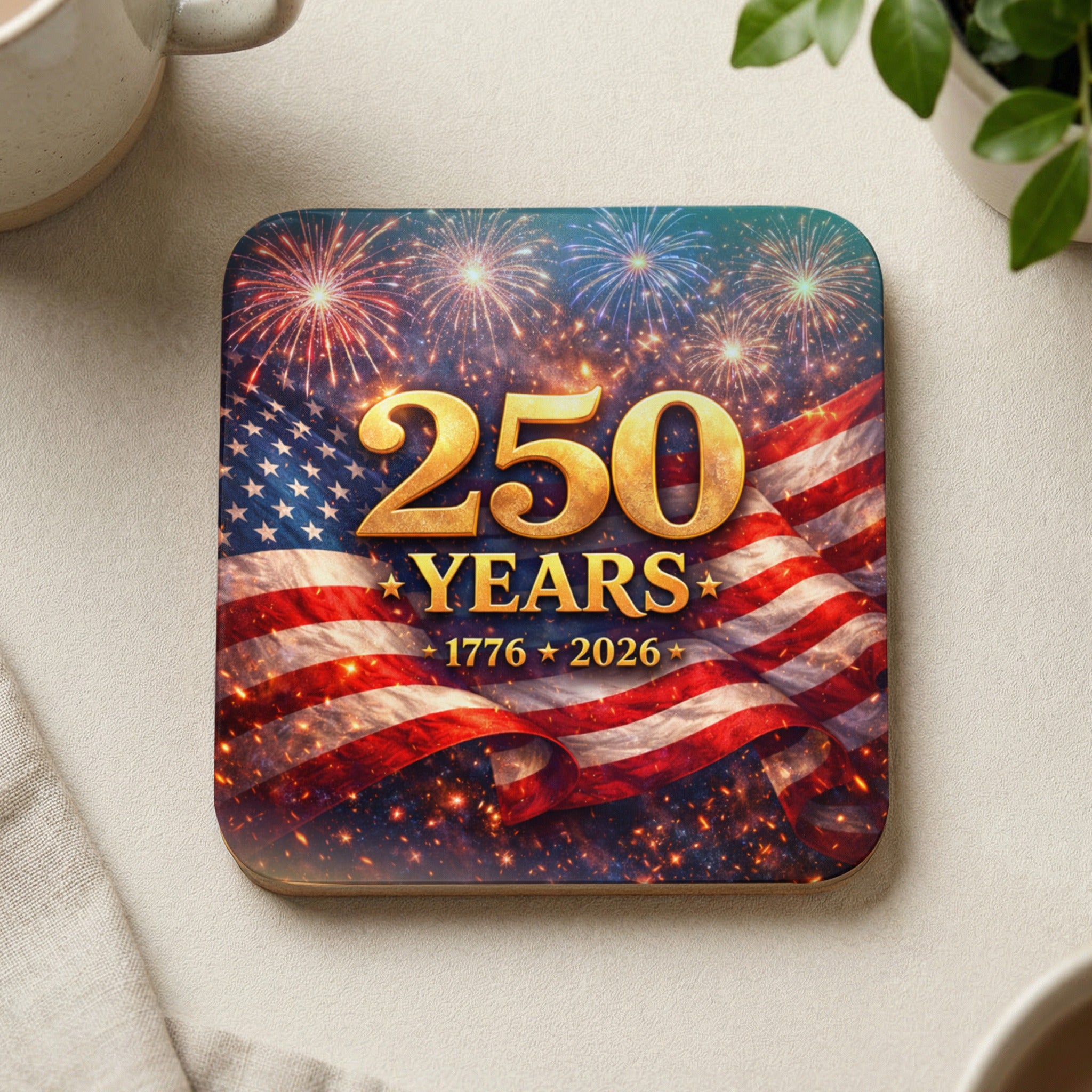Coaster with 250 Years text over American flag and fireworks.