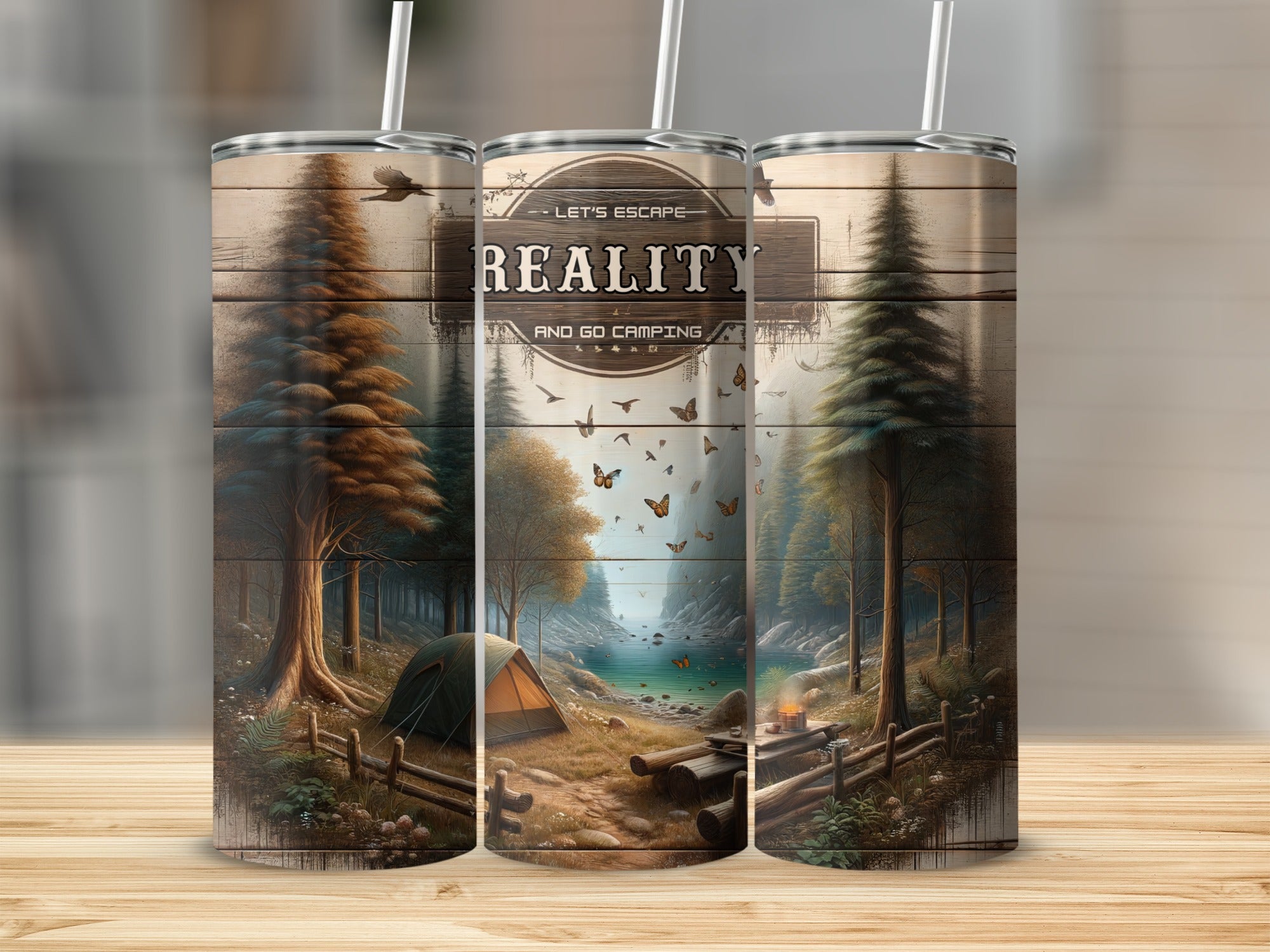 Tumbler with forest, tent, lake, and text "Let's Escape and Go Camping".