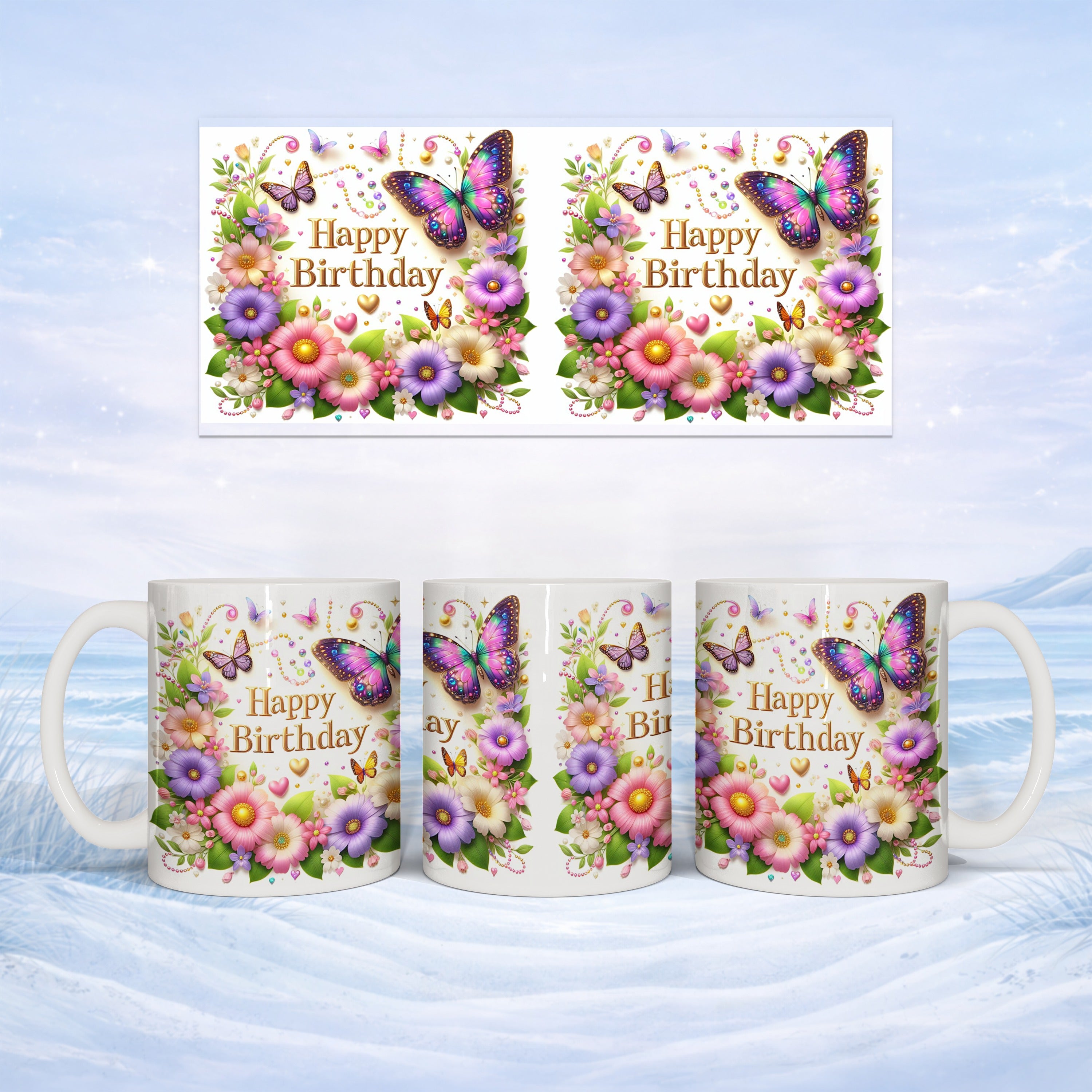 Two coffee mugs with floral and butterfly "Happy Birthday" designs.