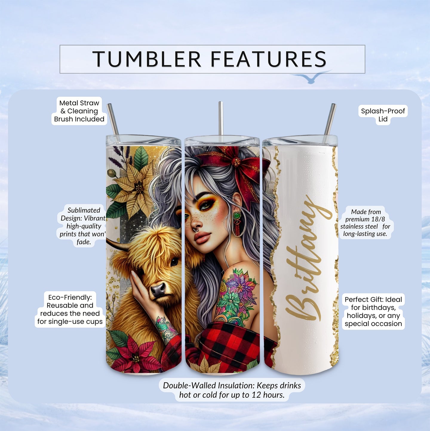 Brittany tumbler with highland cow, floral print, and insulation features.