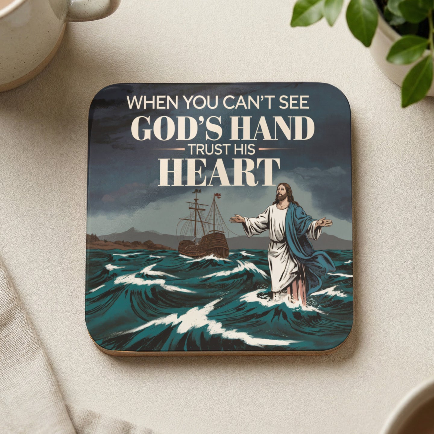 Jesus walks on water toward a ship with "When You Can't See God's Hand Trust His Heart" text.