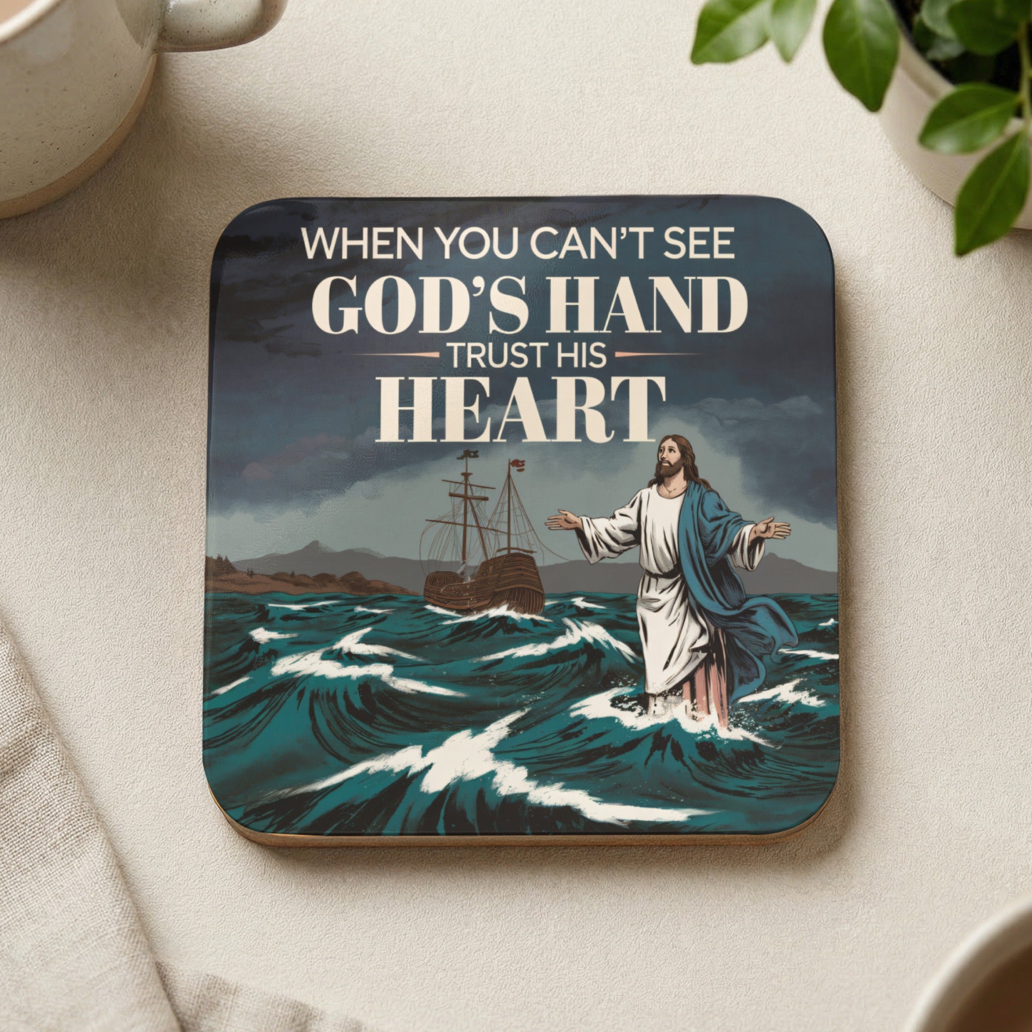 Jesus walks on water toward a ship with "When You Can't See God's Hand Trust His Heart" text.