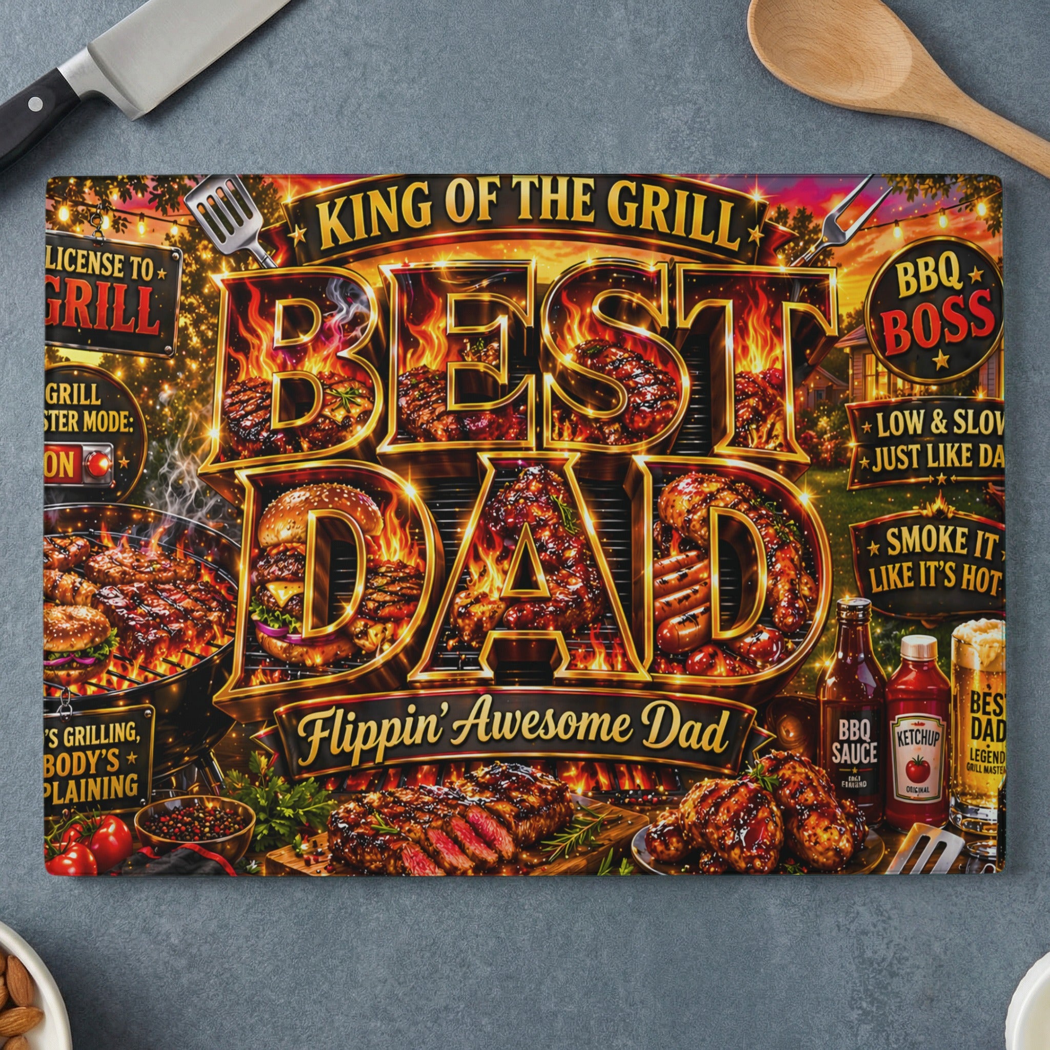 King of the Grill Best Dad, graphic with grilled meats and BBQ sauce.